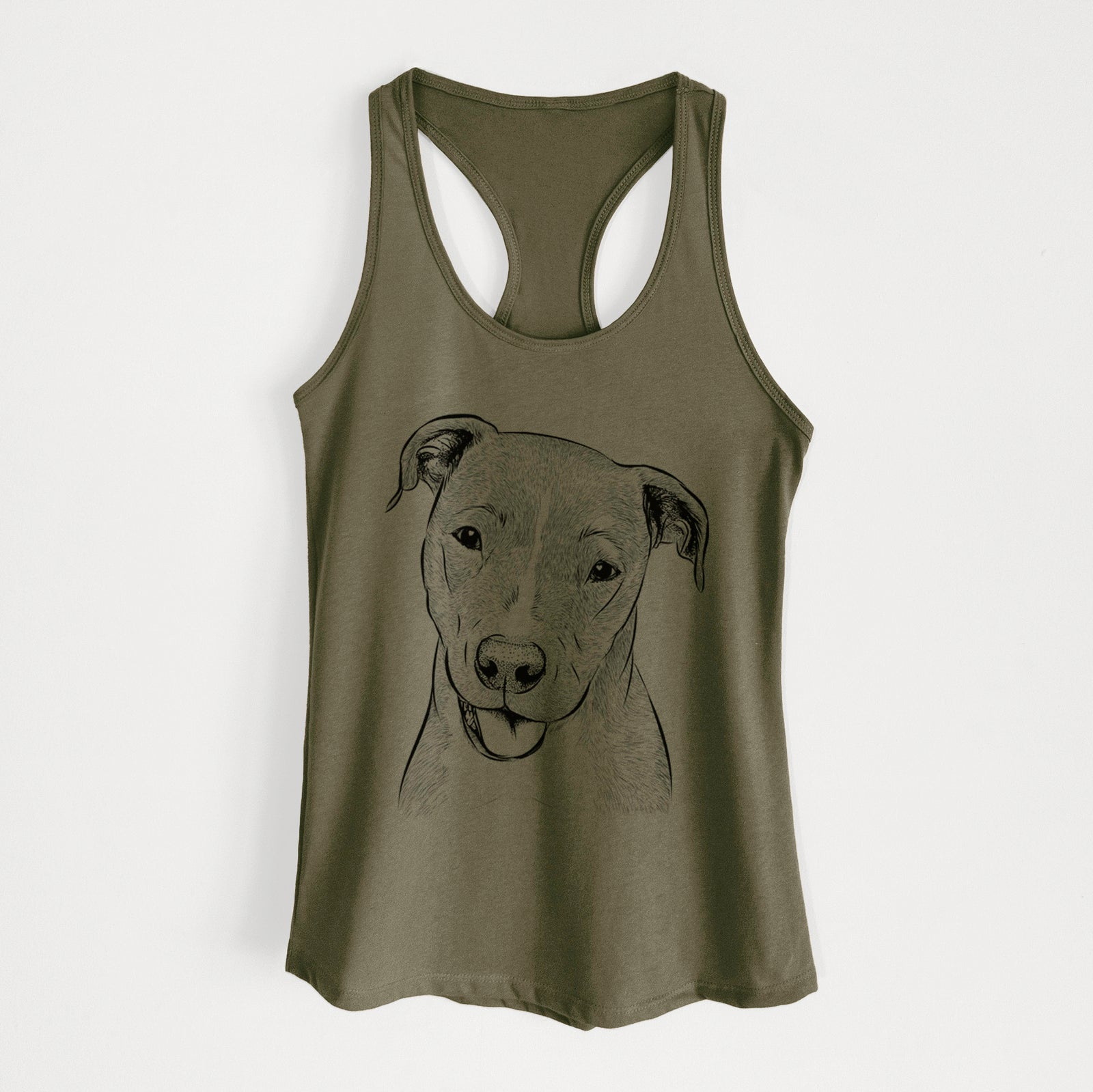 Hand-drawn sketch of Claiborne the American Staffordshire Terrier on a Military Green Women's racerback tanktop