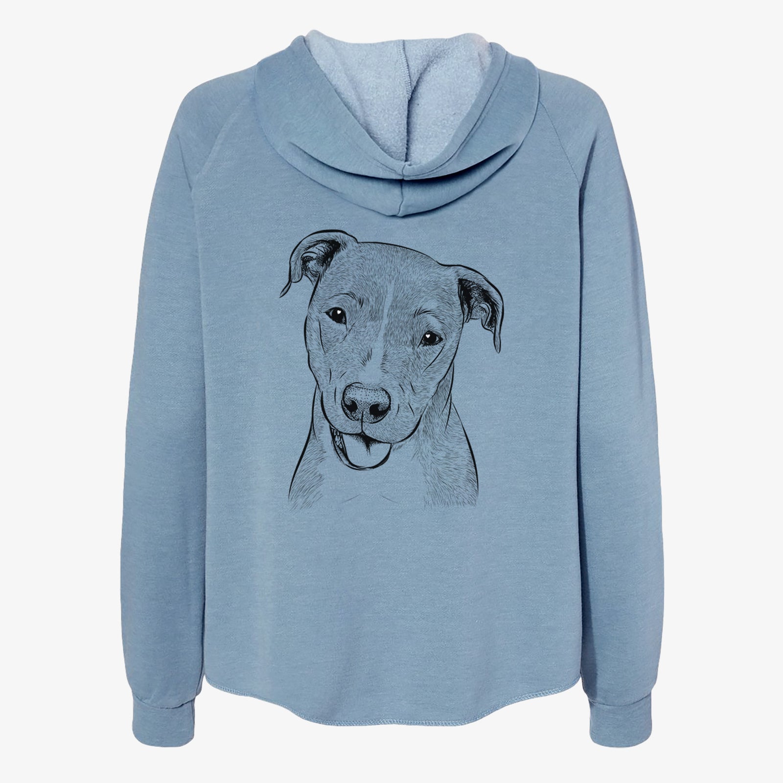 Hand-drawn sketch of Claiborne the American Staffordshire Terrier on a Misty Blue Women's cali wave zip-up sweatshirt