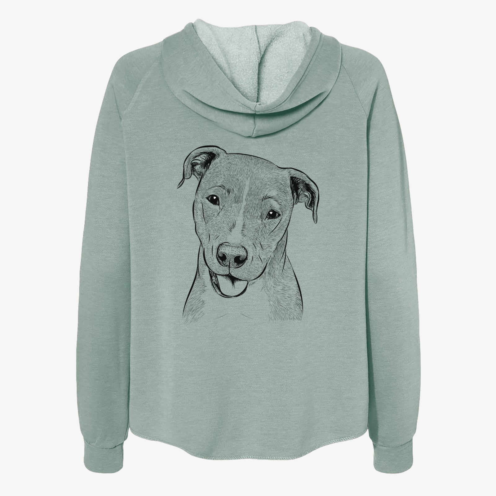 Hand-drawn sketch of Claiborne the American Staffordshire Terrier on a Sage Women's cali wave zip-up sweatshirt