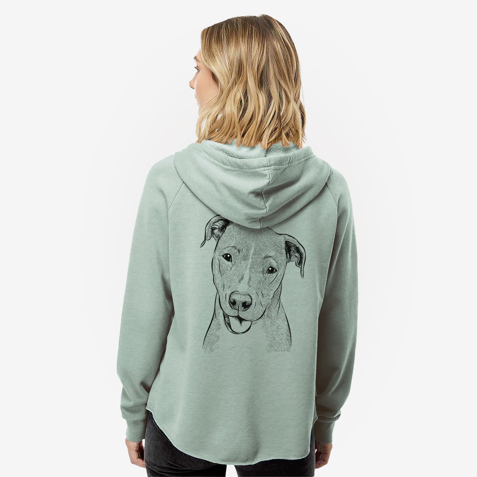 Hand-drawn sketch of Claiborne the American Staffordshire Terrier on a Sage Women's cali wave zip-up sweatshirt