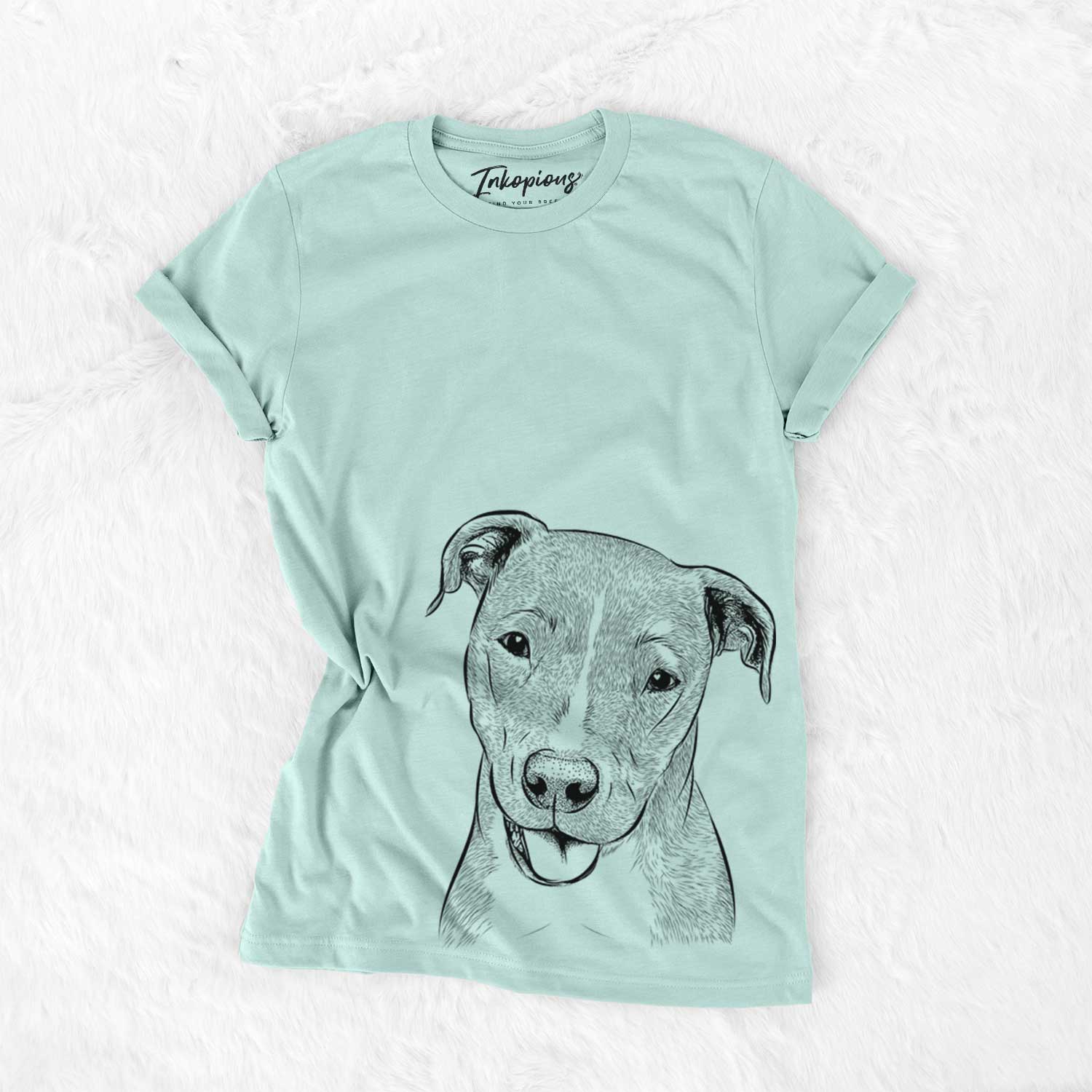Hand-drawn sketch of Claiborne the American Staffordshire Terrier on a Heather Sage Unisex crewneck