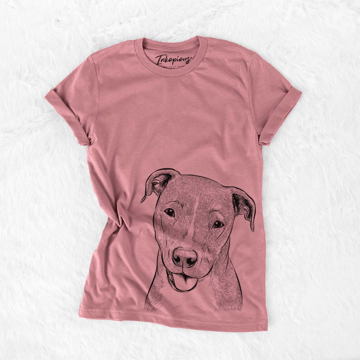 Hand-drawn sketch of Claiborne the American Staffordshire Terrier on a Mauve Unisex crewneck