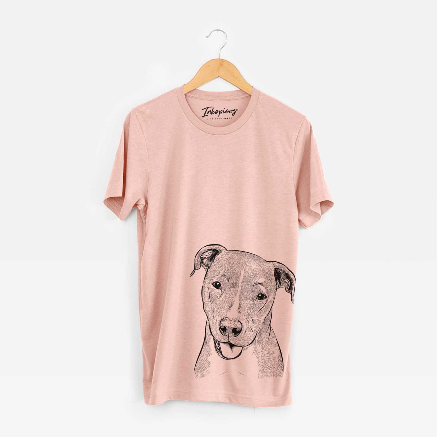 Hand-drawn sketch of Claiborne the American Staffordshire Terrier on a Peach Unisex crewneck