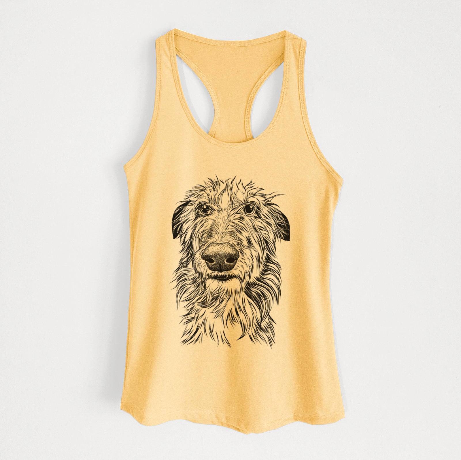 Hand-drawn sketch of Cleod the Scottish Deerhound on a Banana Cream Women's racerback tanktop