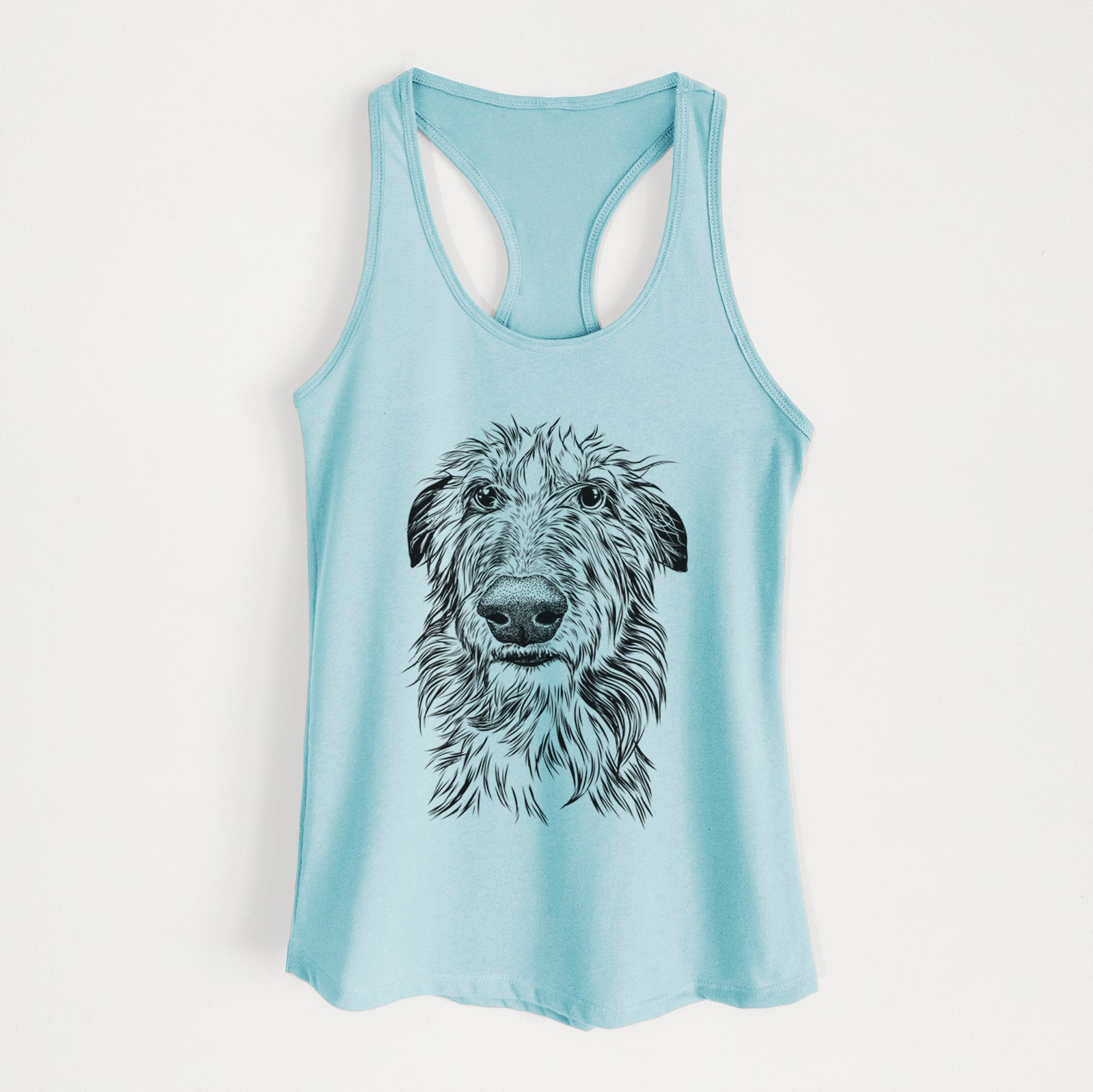 Hand-drawn sketch of Cleod the Scottish Deerhound on a Cancun Blue Women's racerback tanktop