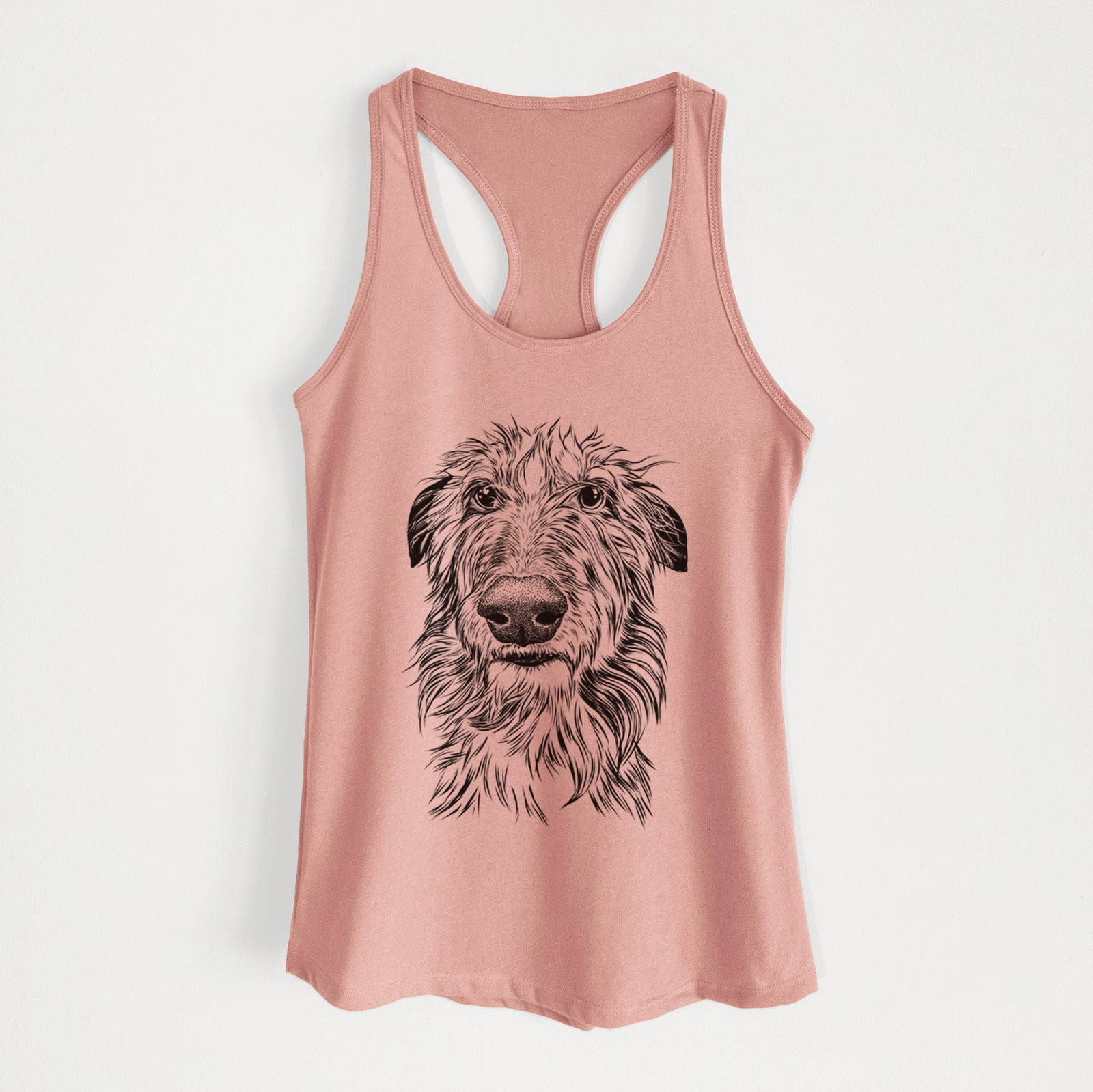 Hand-drawn sketch of Cleod the Scottish Deerhound on a Desert Pink Women's racerback tanktop