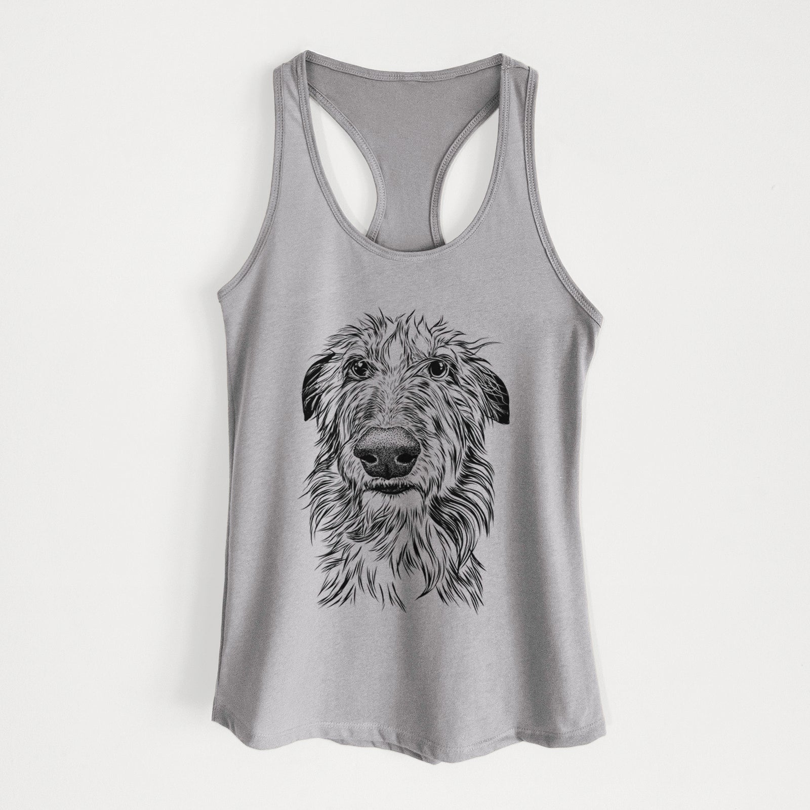 Hand-drawn sketch of Cleod the Scottish Deerhound on a Heather Grey Women's racerback tanktop