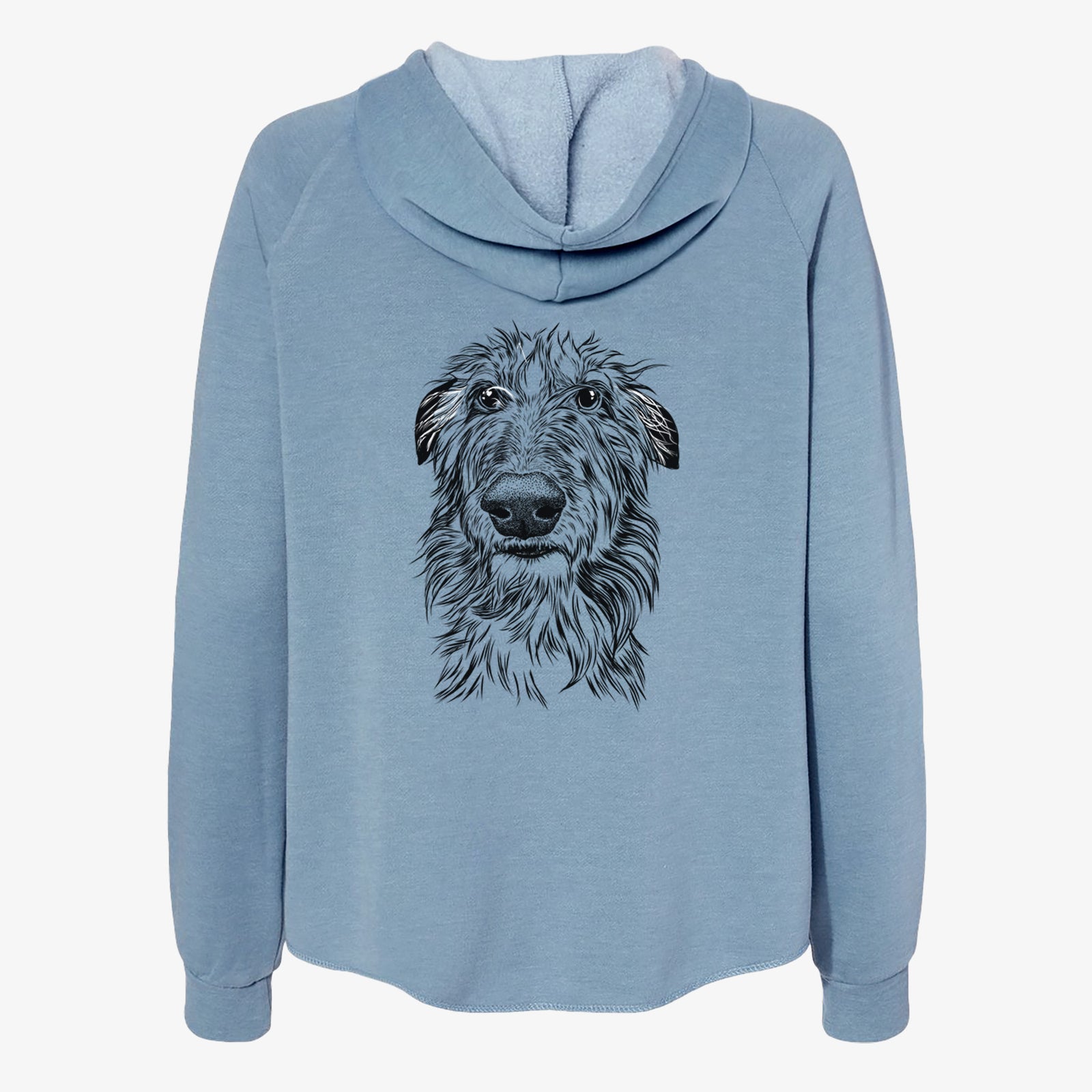 Hand-drawn sketch of Cleod the Scottish Deerhound on a Misty Blue Women's cali wave zip-up sweatshirt