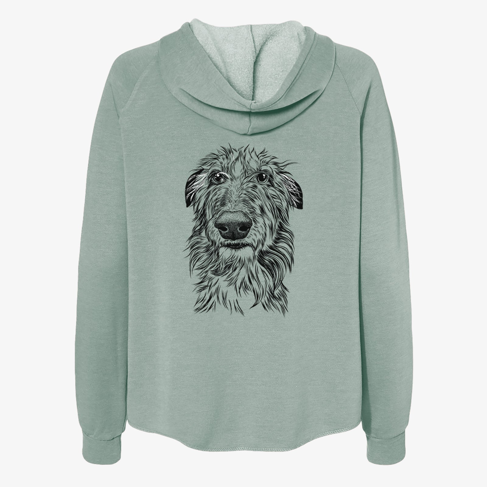 Hand-drawn sketch of Cleod the Scottish Deerhound on a Sage Women's cali wave zip-up sweatshirt