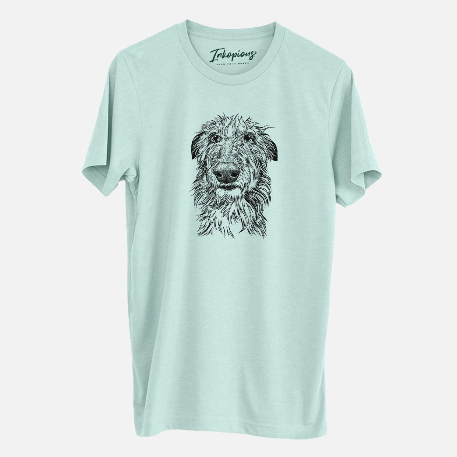 Hand-drawn sketch of Cleod the Scottish Deerhound on a Heather Sage Unisex crewneck