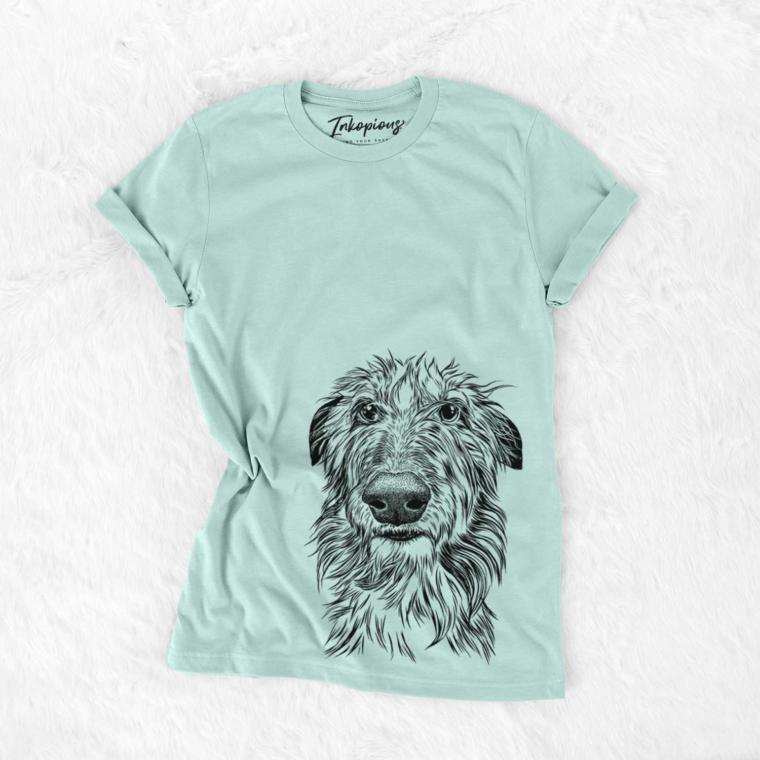 Hand-drawn sketch of Cleod the Scottish Deerhound on a Heather Sage Unisex crewneck