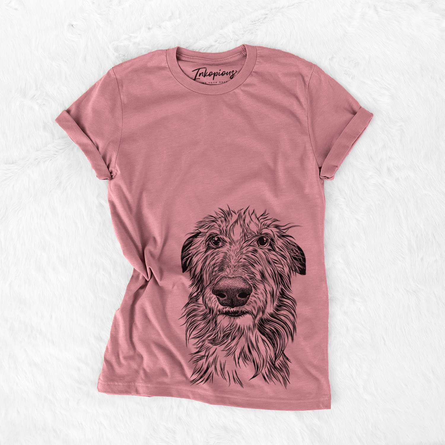 Hand-drawn sketch of Cleod the Scottish Deerhound on a Mauve Unisex crewneck