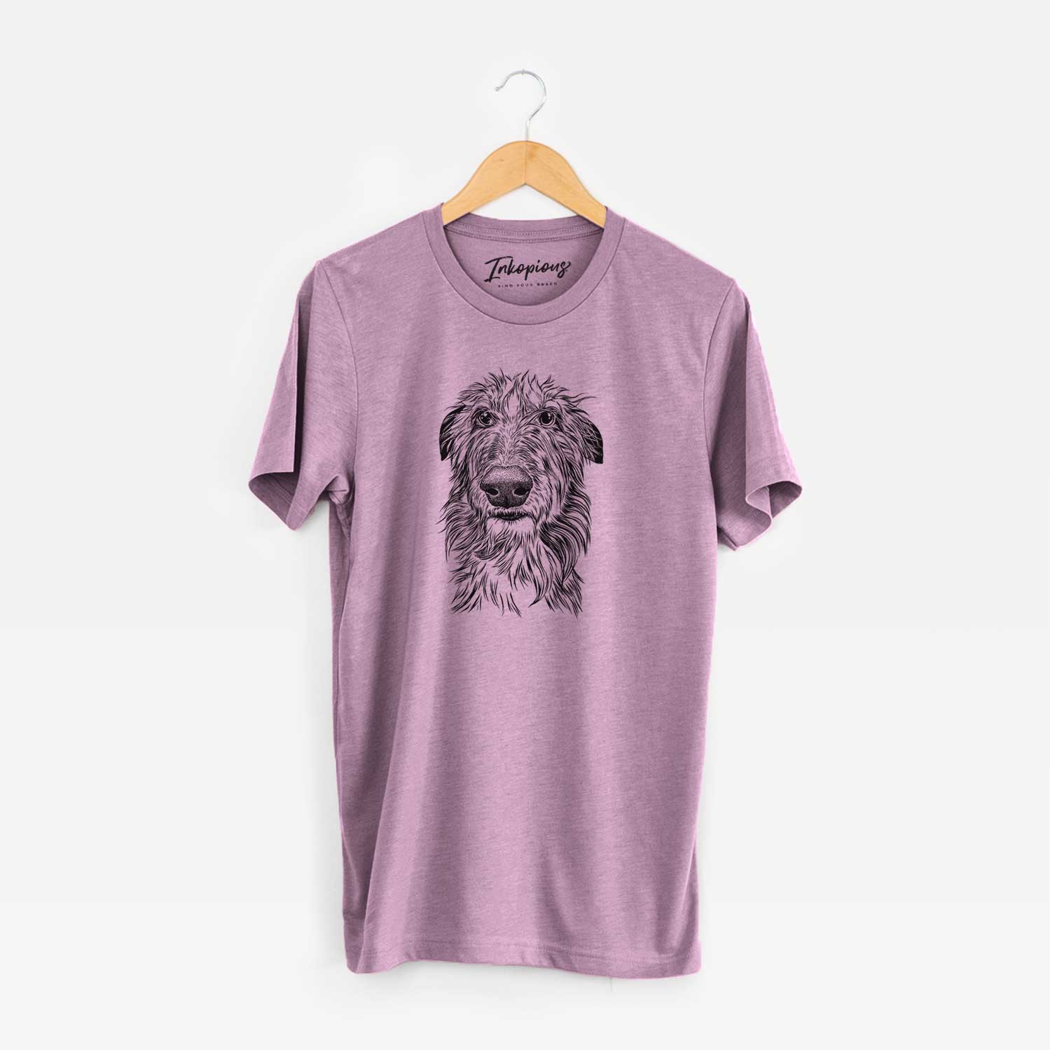 Hand-drawn sketch of Cleod the Scottish Deerhound on an Orchid Unisex crewneck