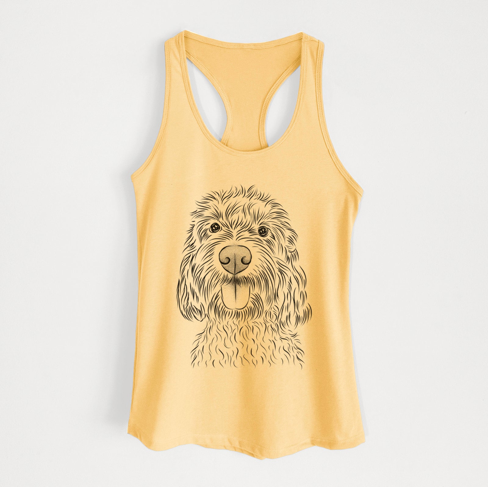 Hand-drawn sketch of Clover the Cockapoo on a Banana Cream Women's racerback tanktop