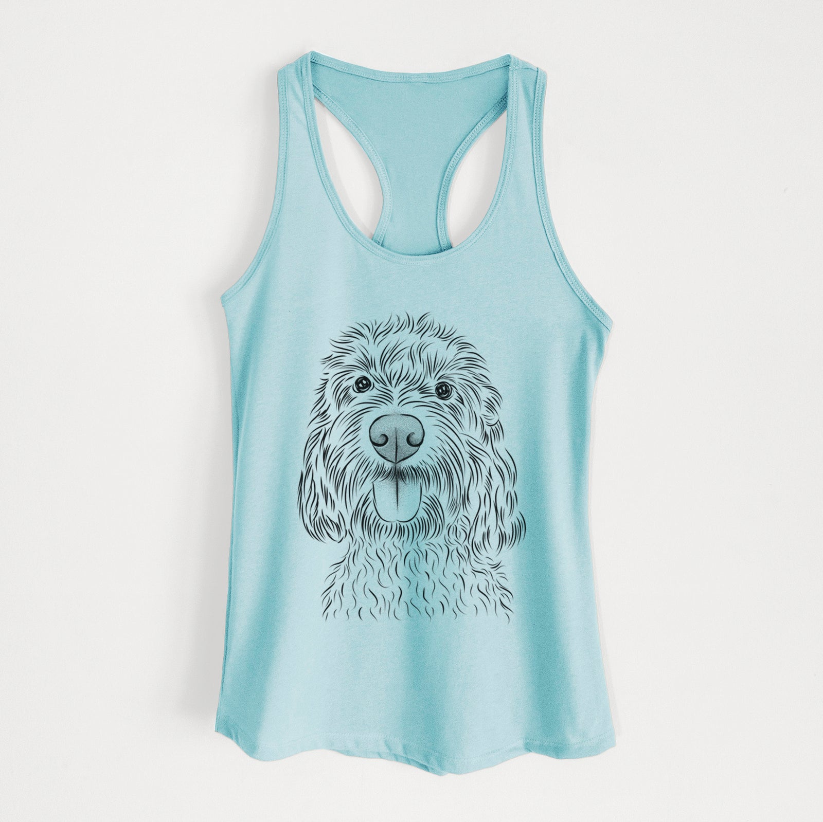 Hand-drawn sketch of Clover the Cockapoo on a Cancun Blue Women's racerback tanktop