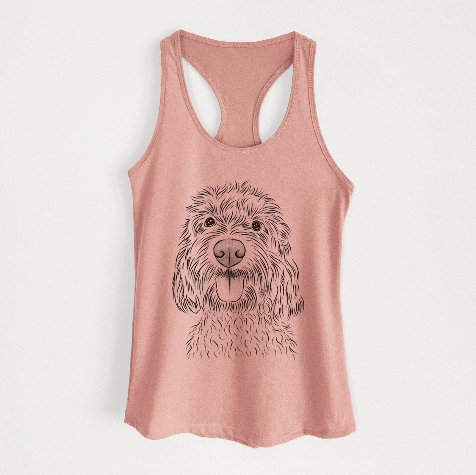 Hand-drawn sketch of Clover the Cockapoo on a Desert Pink Women's racerback tanktop