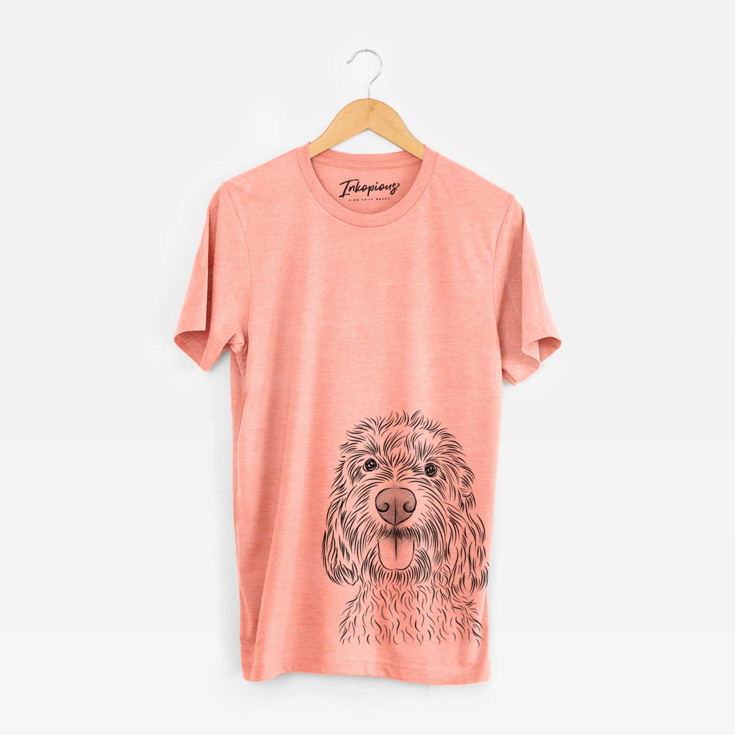 Hand-drawn sketch of Clover the Cockapoo on a Sunset Unisex crewneck