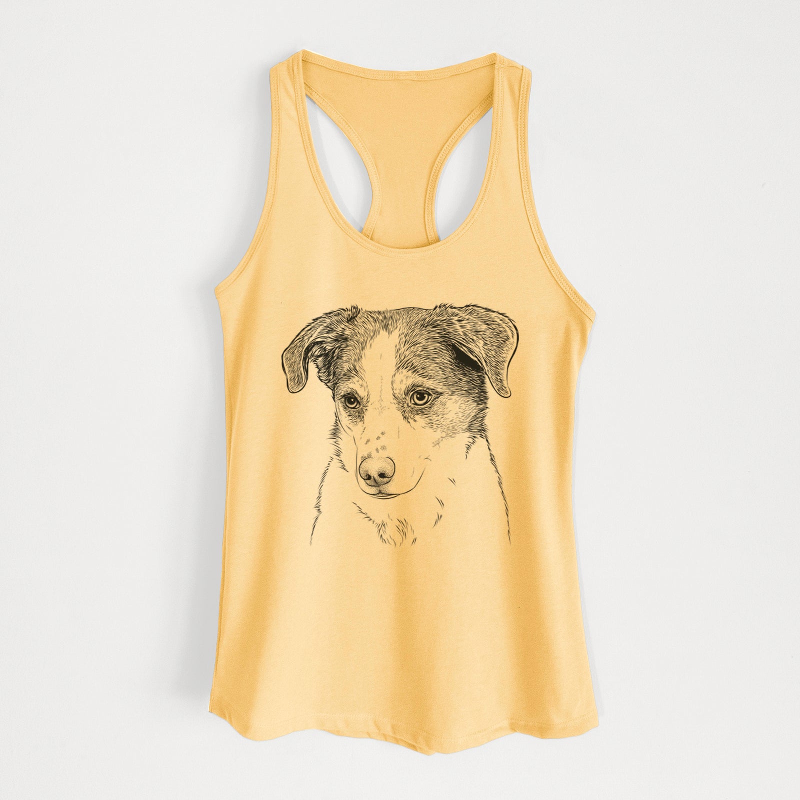 Hand-drawn sketch of Coco the Beagle Mix on a Banana Cream Women's racerback tanktop