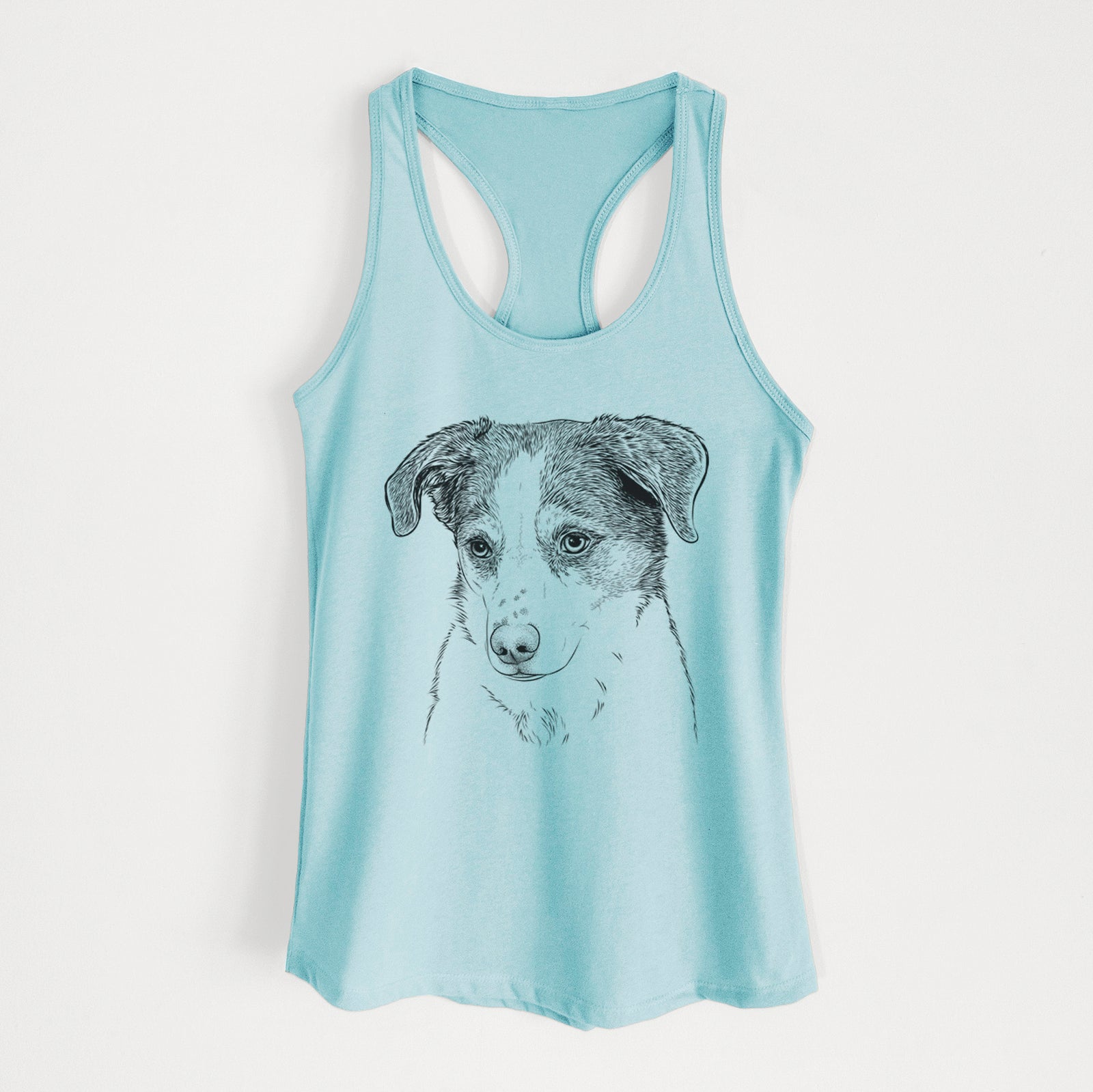Hand-drawn sketch of Coco the Beagle Mix on a Cancun Blue Women's racerback tanktop