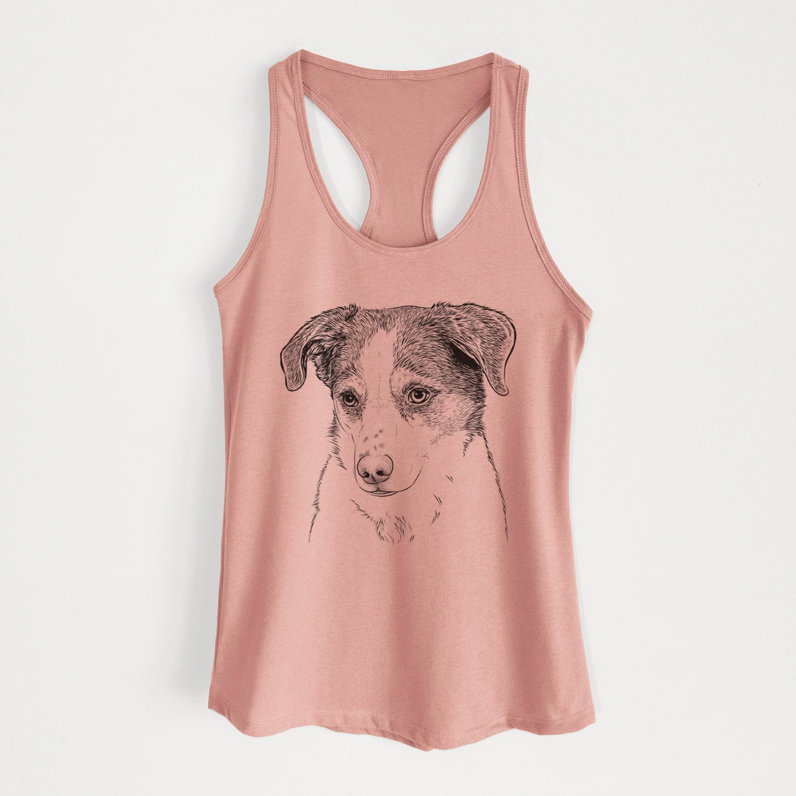 Hand-drawn sketch of Coco the Beagle Mix on a Desert Pink Women's racerback tanktop