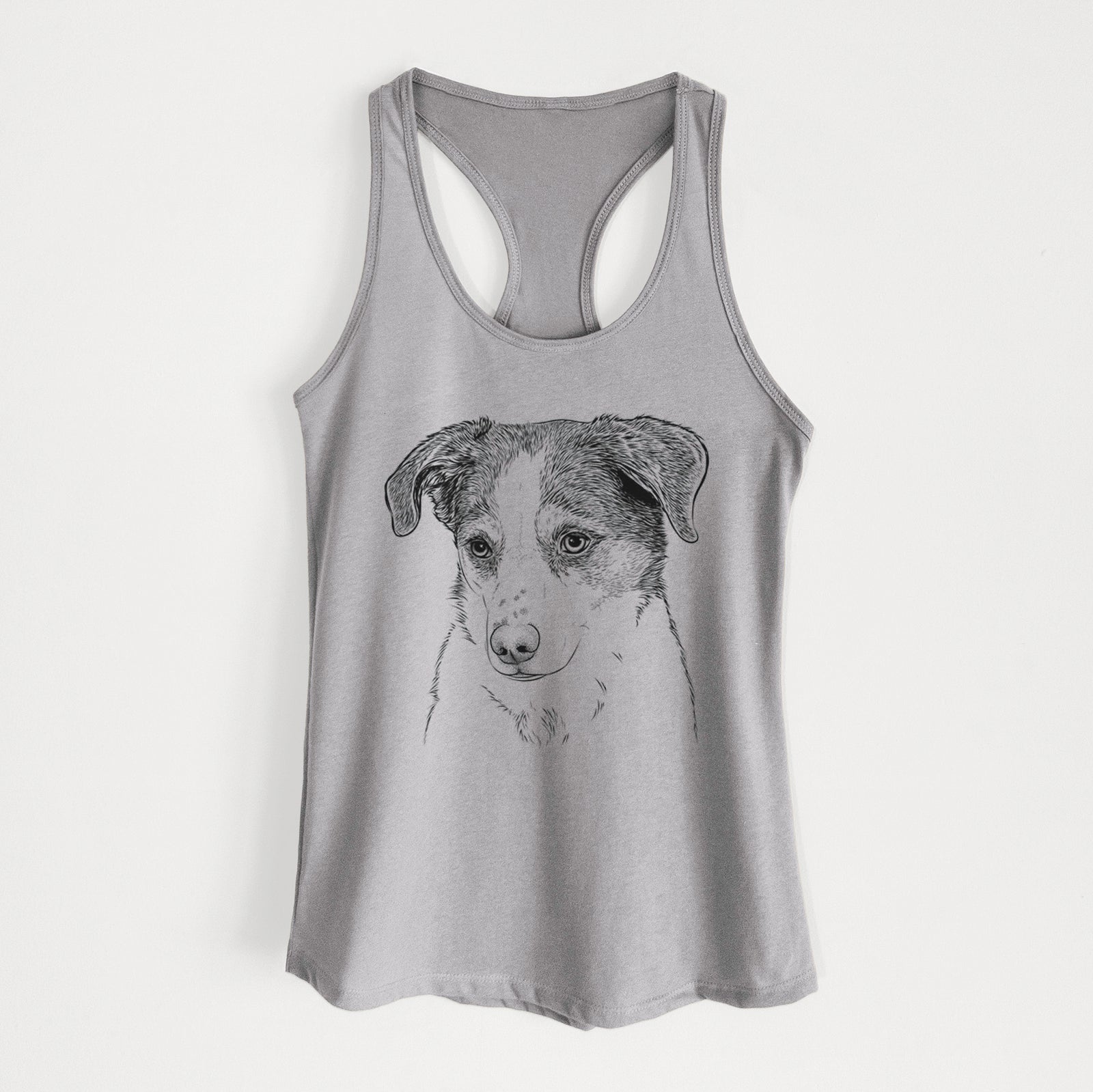 Hand-drawn sketch of Coco the Beagle Mix on a Heather Grey Women's racerback tanktop