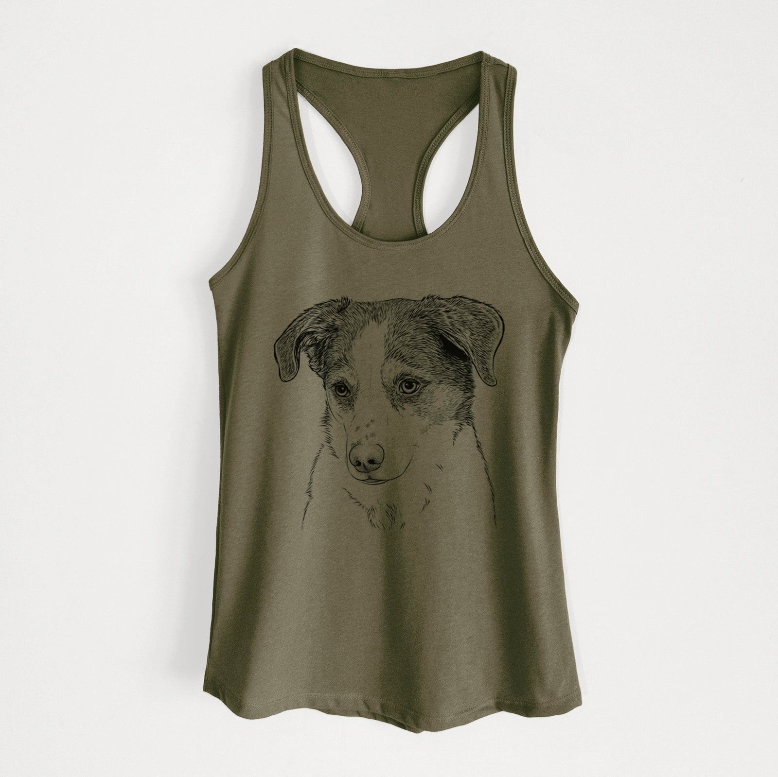 Hand-drawn sketch of Coco the Beagle Mix on a Military Green Women's racerback tanktop