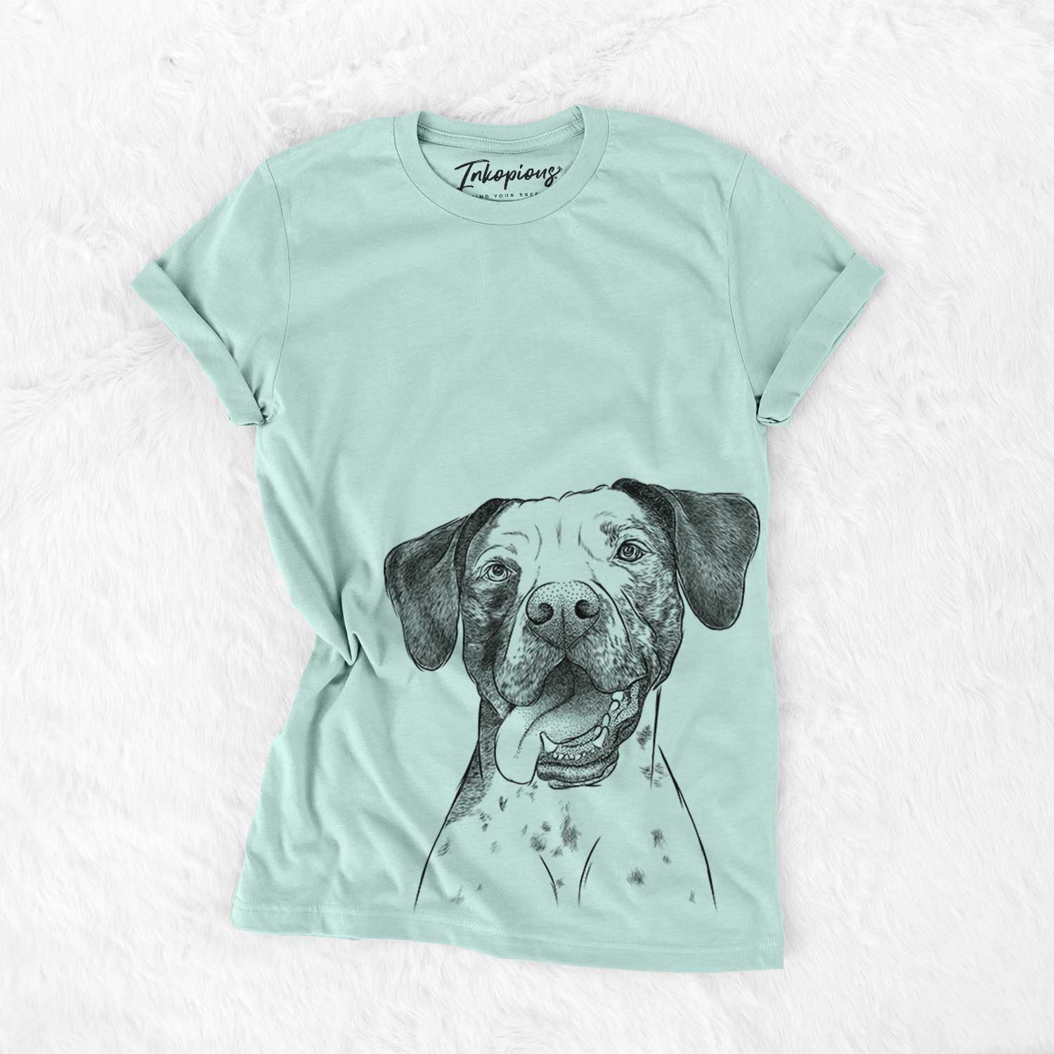 Hand-drawn sketch of Cola the Catahoula on a Heather Sage Bella Canvas Unisex Crewneck