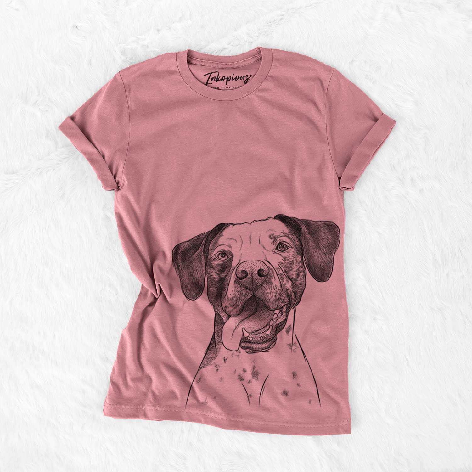 Hand-drawn sketch of Cola the Catahoula on a Mauve Bella Canvas Unisex Crewneck