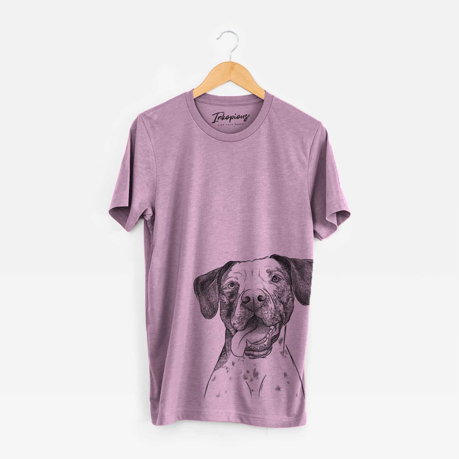 Hand-drawn sketch of Cola the Catahoula on an Orchid Bella Canvas Unisex Crewneck