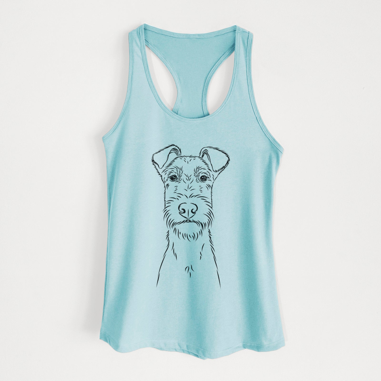 Hand-drawn sketch of Connor the Irish Terrier on a Cancun Blue Women's racerback tanktop