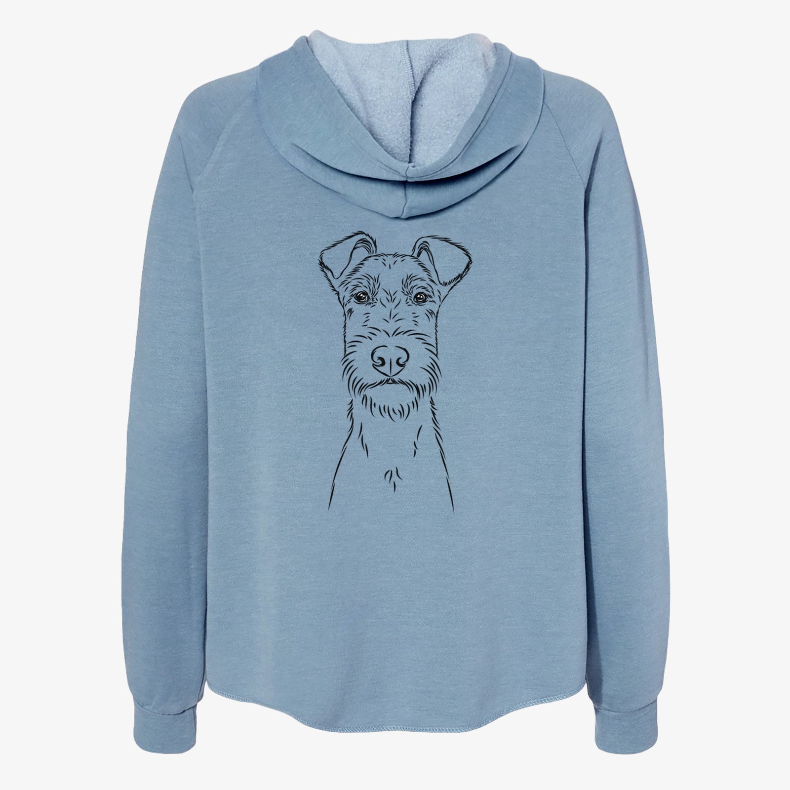 Hand-drawn sketch of Connor the Irish Terrier on a Misty Blue Women's cali wave zip-up sweatshirt