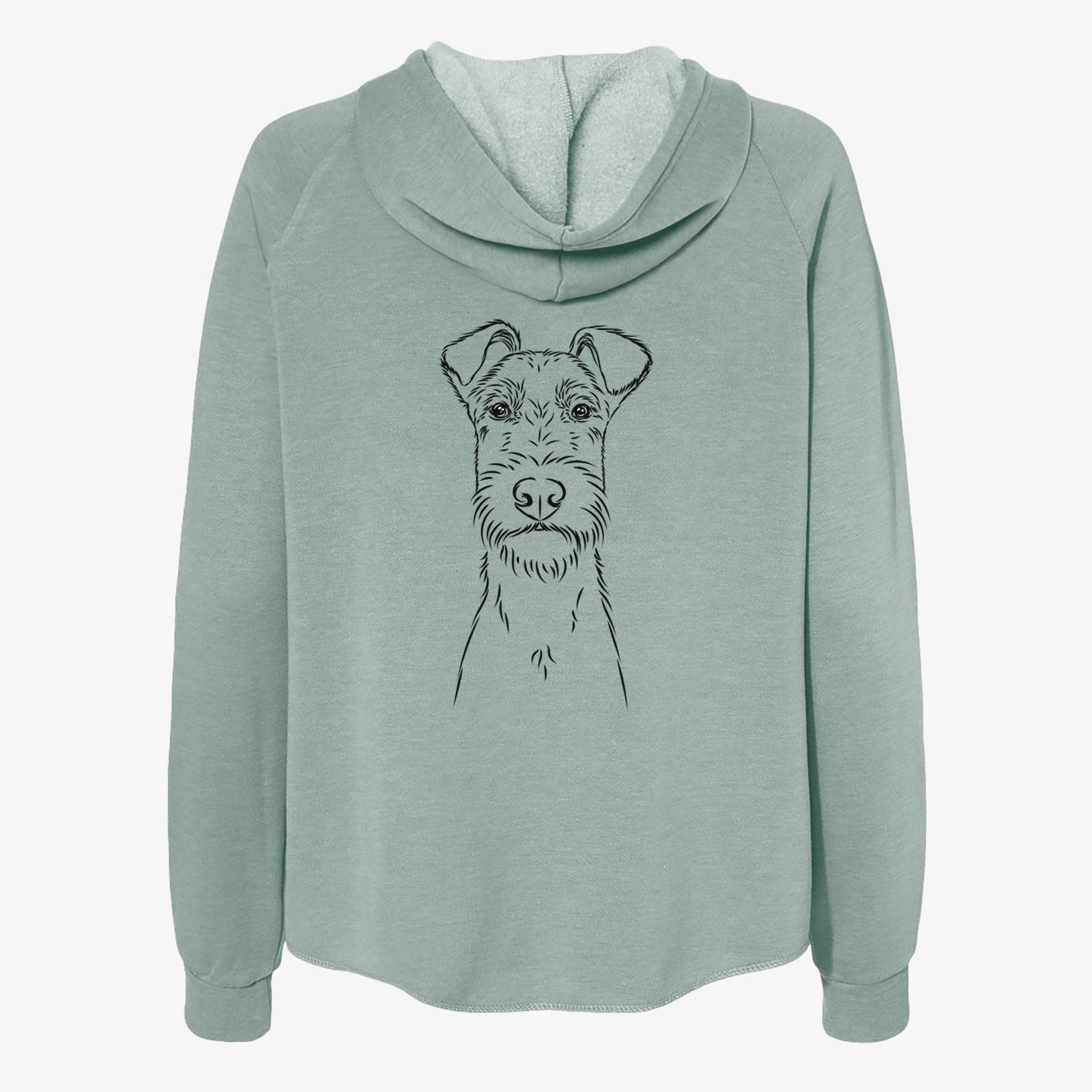 Hand-drawn sketch of Connor the Irish Terrier on a Sage Women's cali wave zip-up sweatshirt