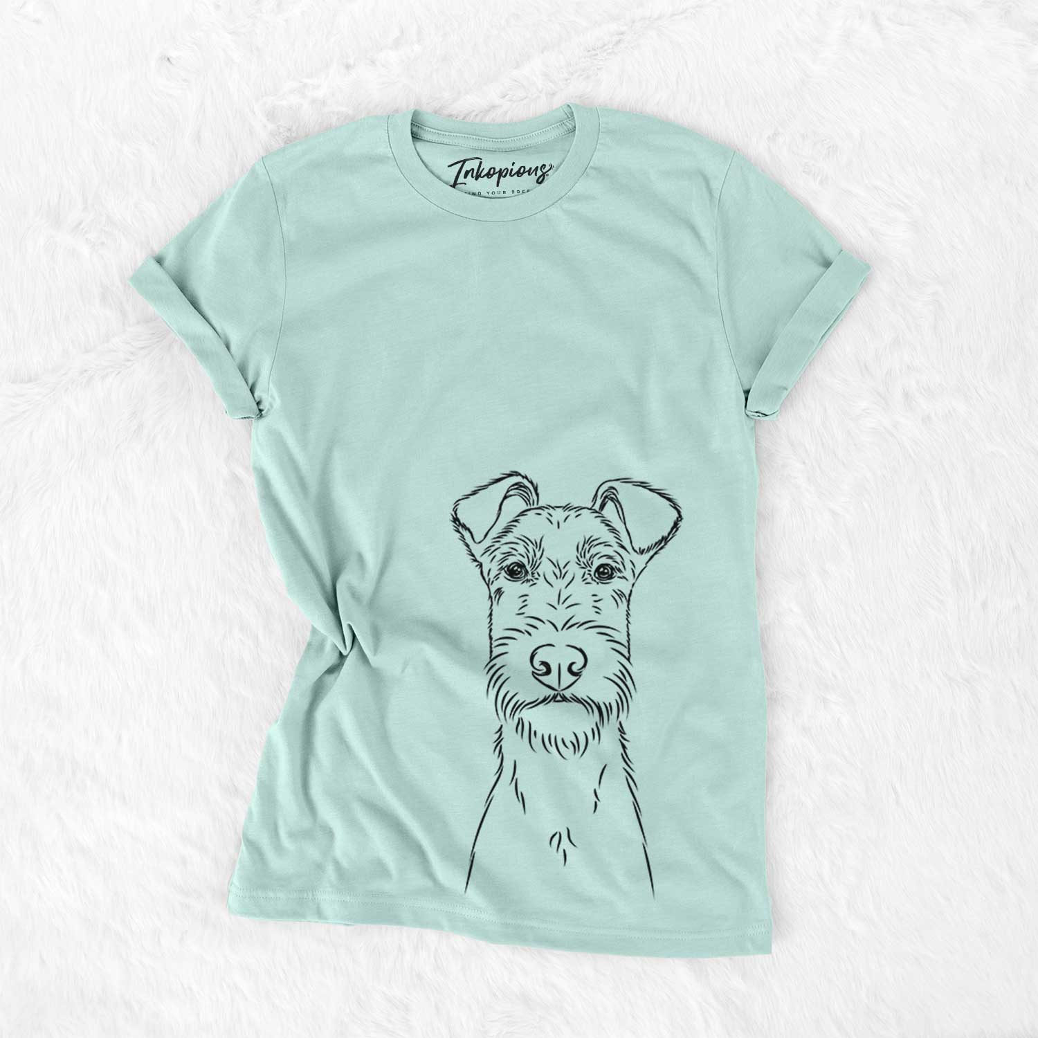 Hand-drawn sketch of Connor the Irish Terrier on a Heather Sage Bella Canvas Unisex Crewneck