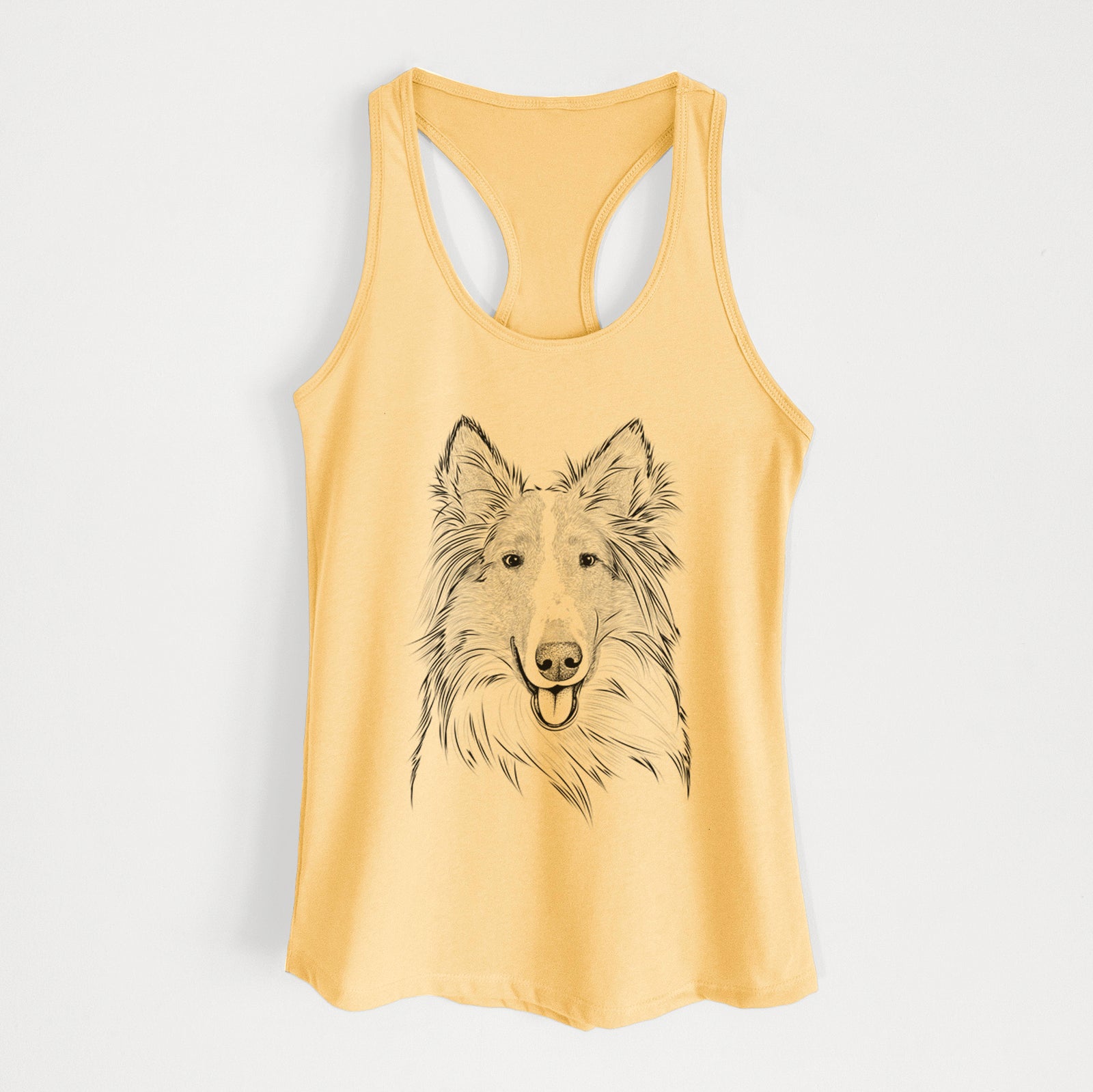 Hand-drawn sketch of Conrad the Rough Collie on a Banana Cream Women's racerback tanktop