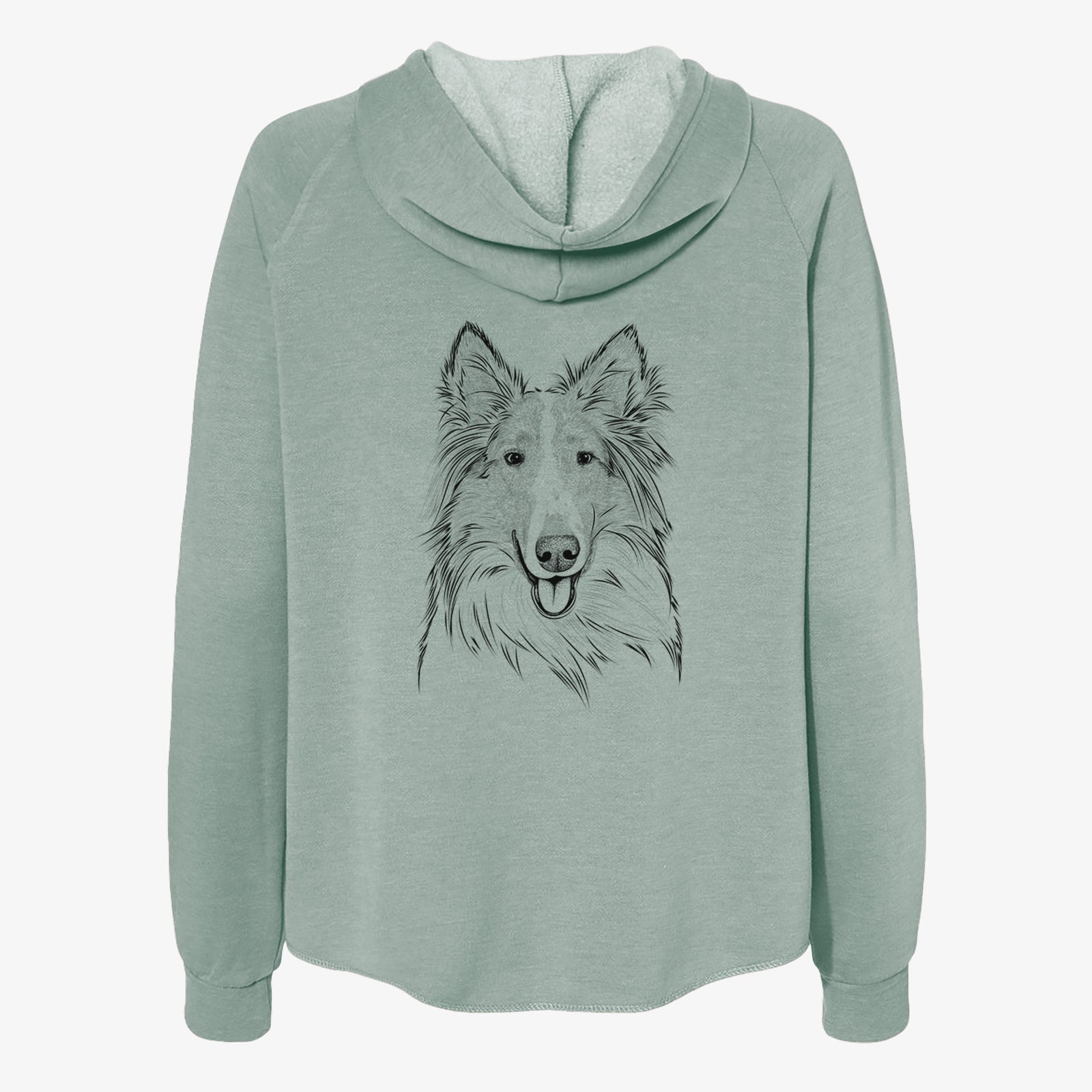 Hand-drawn sketch of Conrad the Rough Collie on a Sage Women's cali wave zip-up sweatshirt