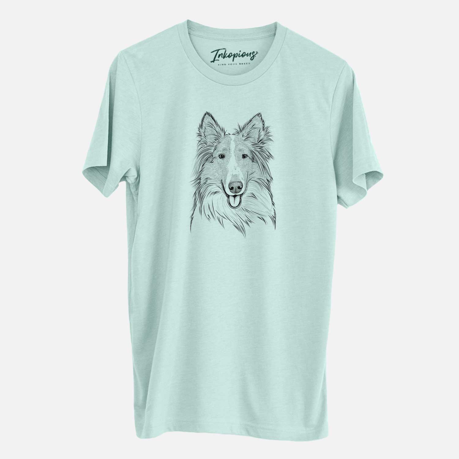 Hand-drawn sketch of Conrad the Rough Collie on a Heather Sage Unisex crewneck