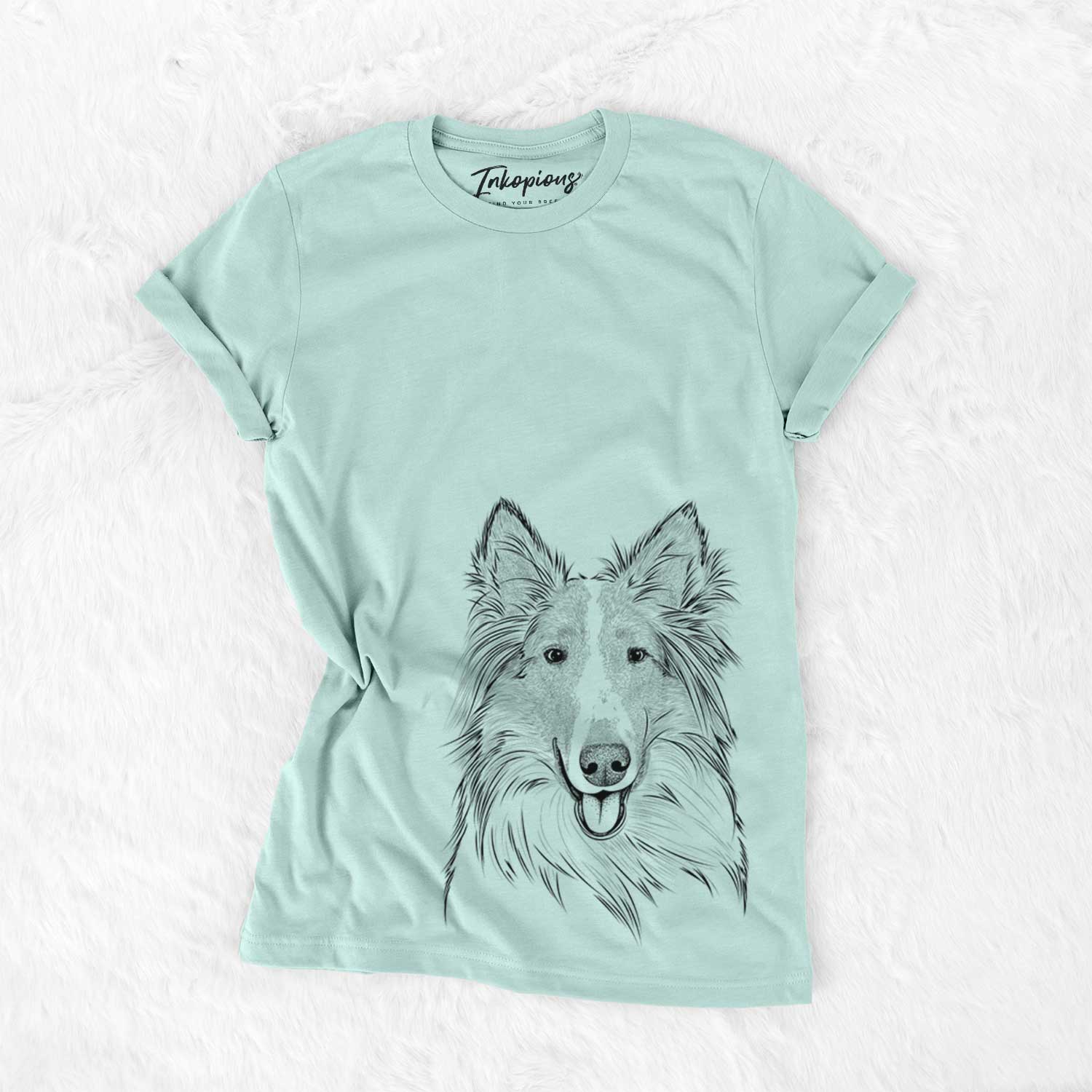 Hand-drawn sketch of Conrad the Rough Collie on a Heather Sage Bella Canvas Unisex Crewneck