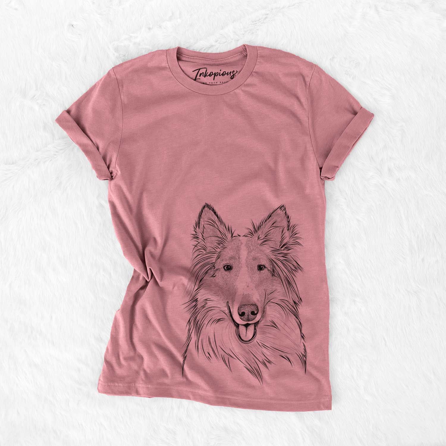 Hand-drawn sketch of Conrad the Rough Collie on a Mauve Unisex crewneck
