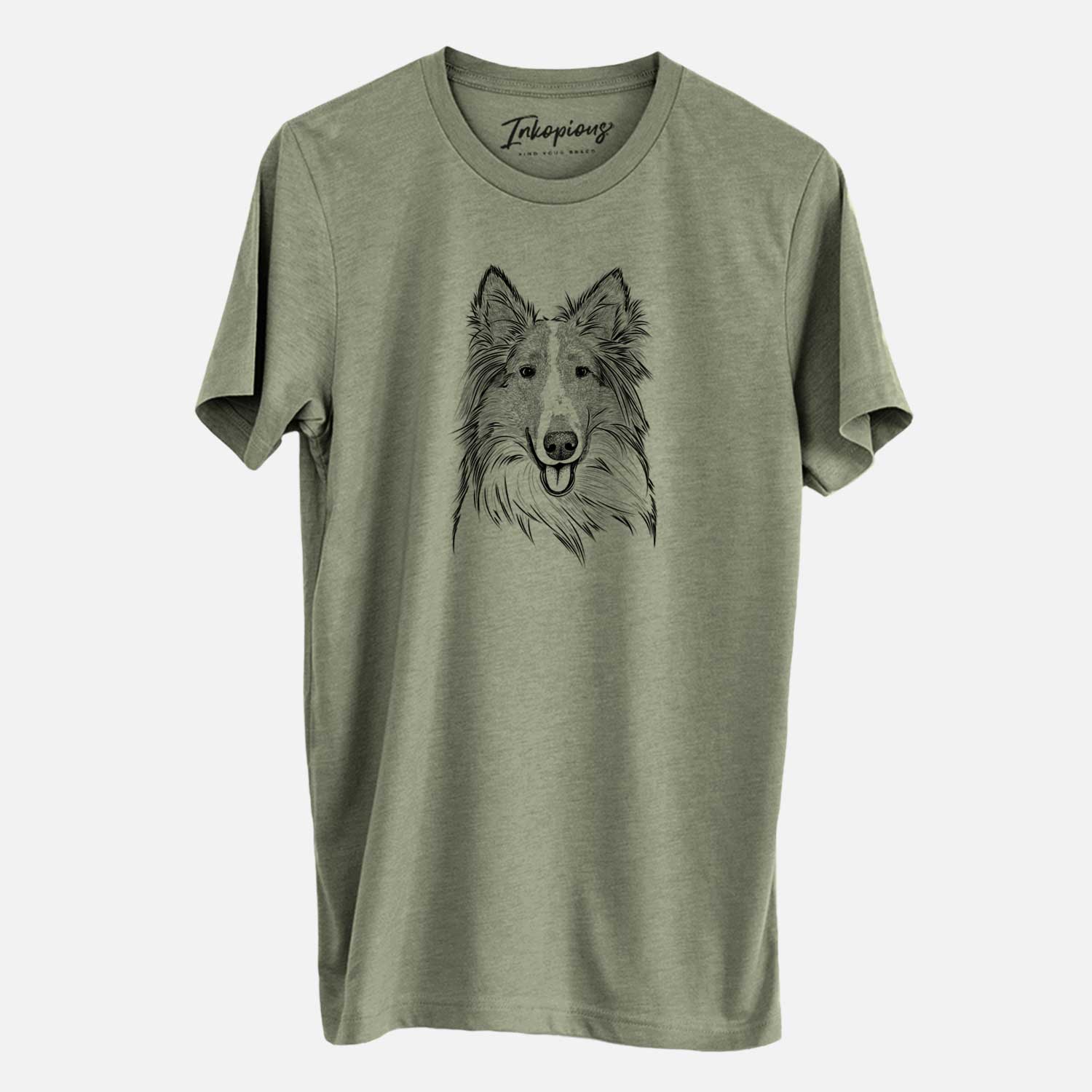 Hand-drawn sketch of Conrad the Rough Collie on an Olive Unisex crewneck