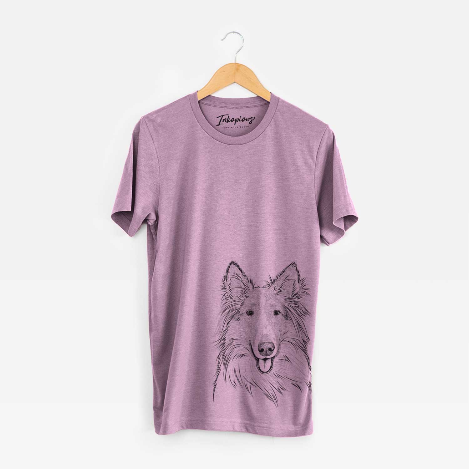Hand-drawn sketch of Conrad the Rough Collie on an Orchid Bella Canvas Unisex Crewneck