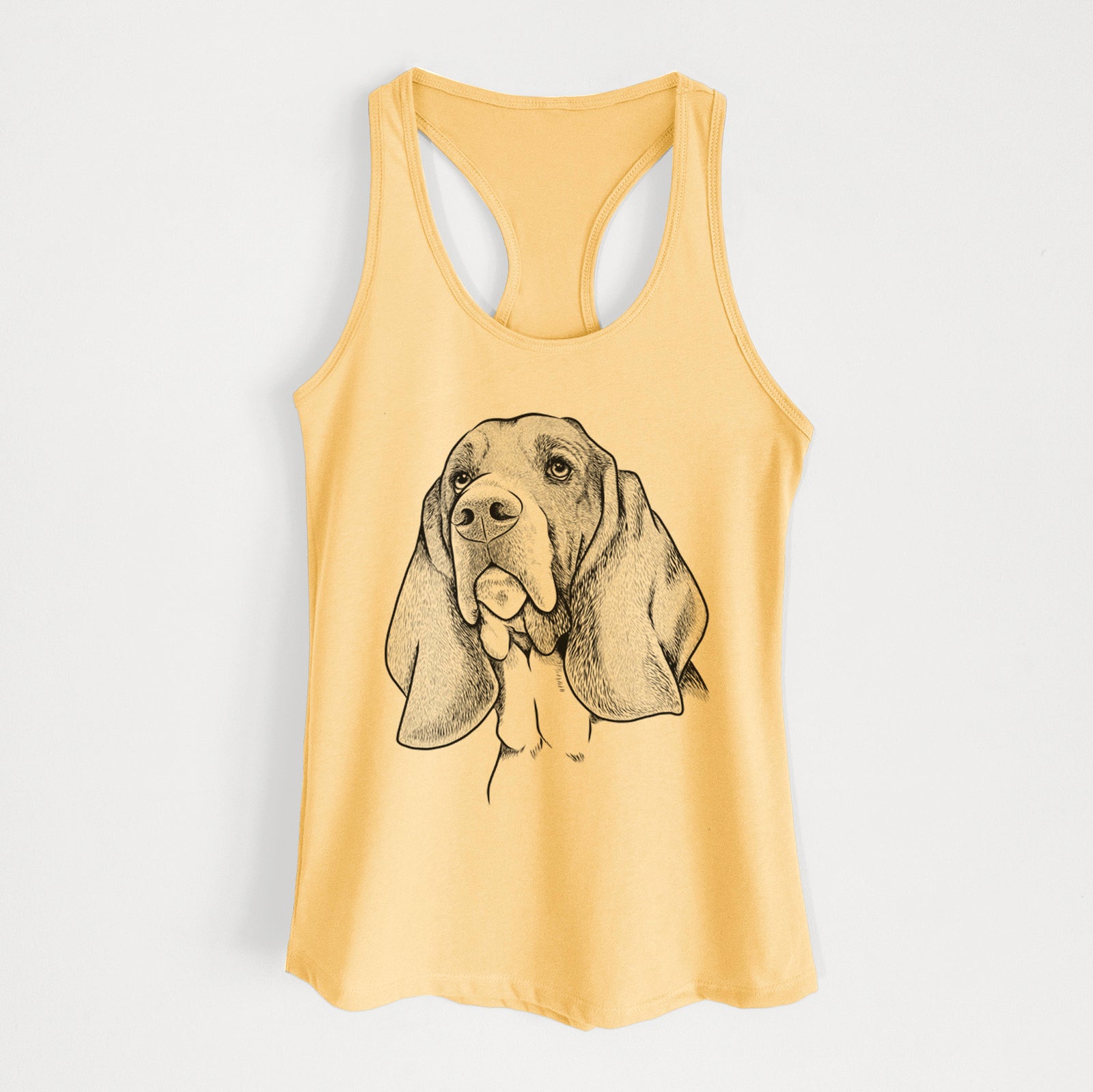 Hand-drawn sketch of Cooper the Basset Hound on a Banana Cream Women's racerback tanktop