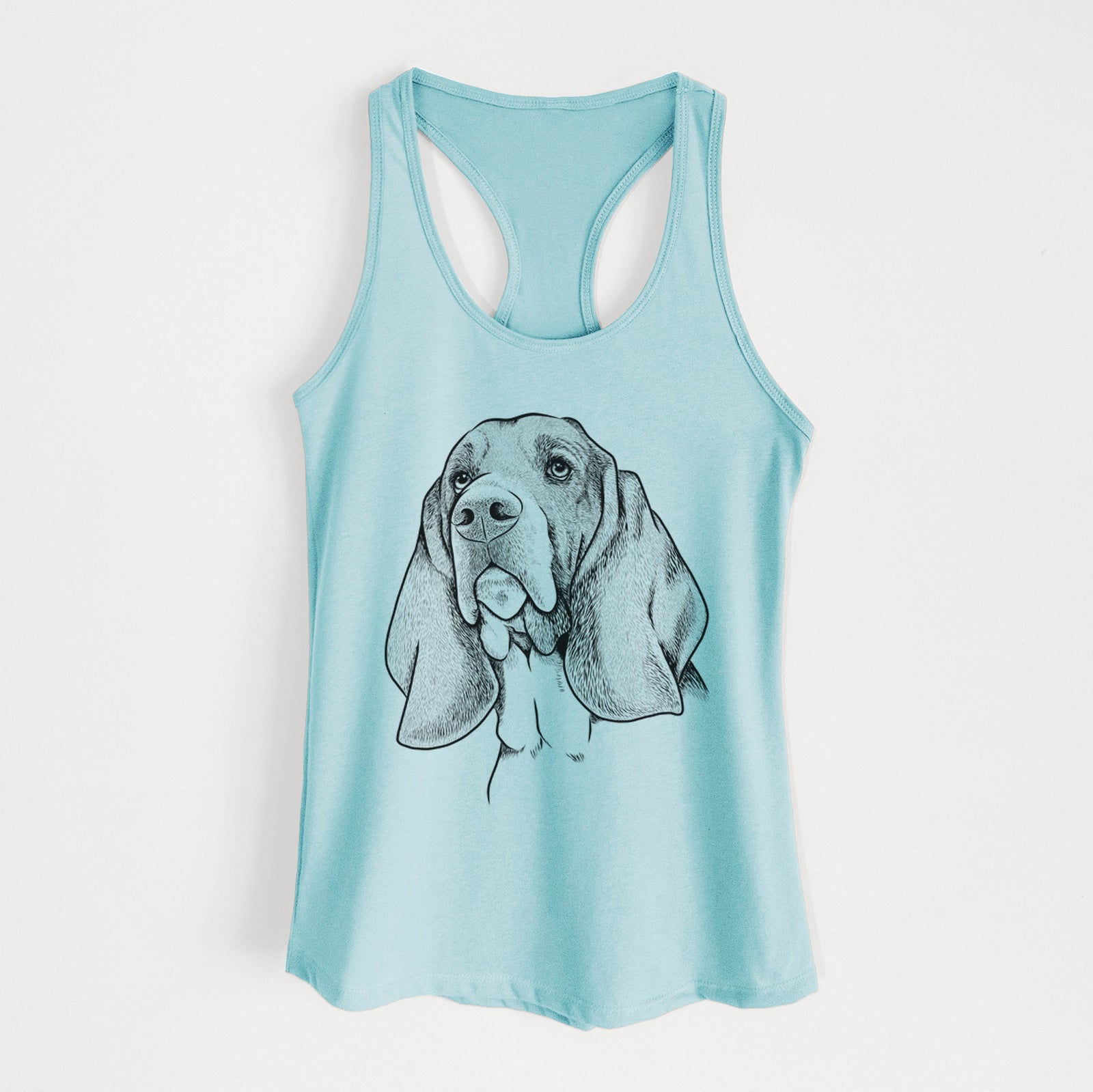 Hand-drawn sketch of Cooper the Basset Hound on a Cancun Blue Women's racerback tanktop