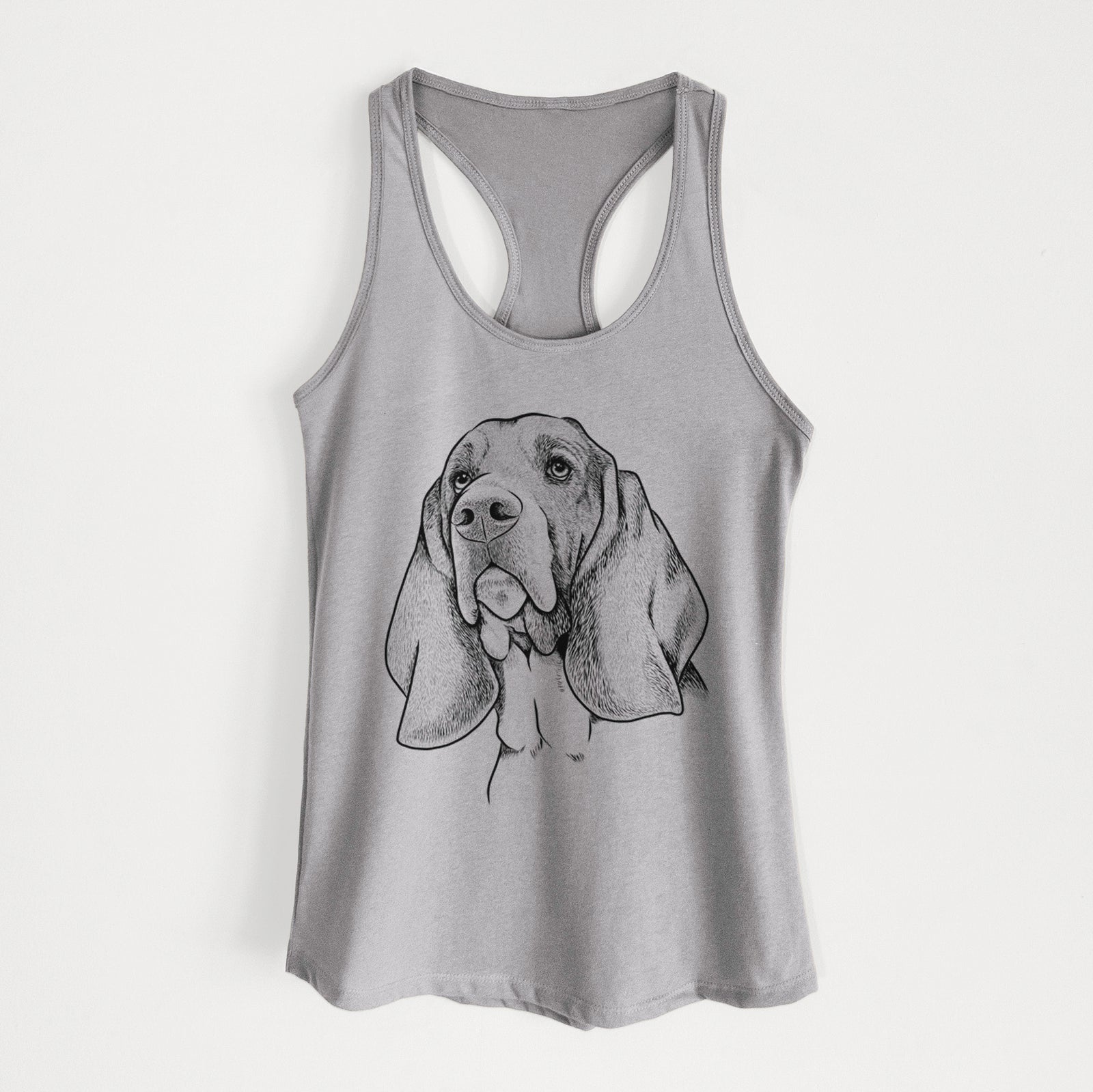 Hand-drawn sketch of Cooper the Basset Hound on a Heather Grey Women's racerback tanktop