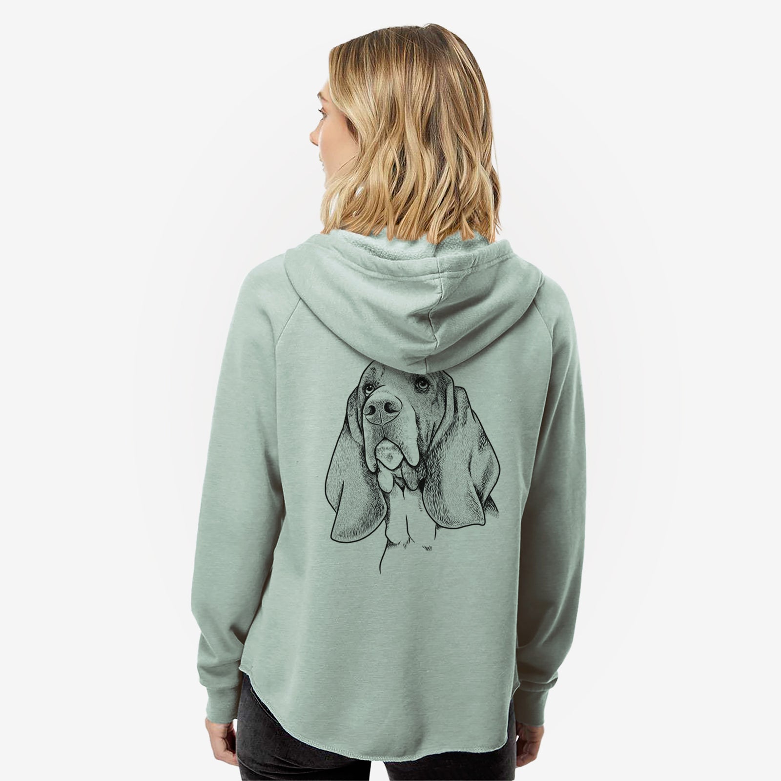 Hand-drawn sketch of Cooper the Basset Hound on a Sage Women's cali wave zip-up sweatshirt