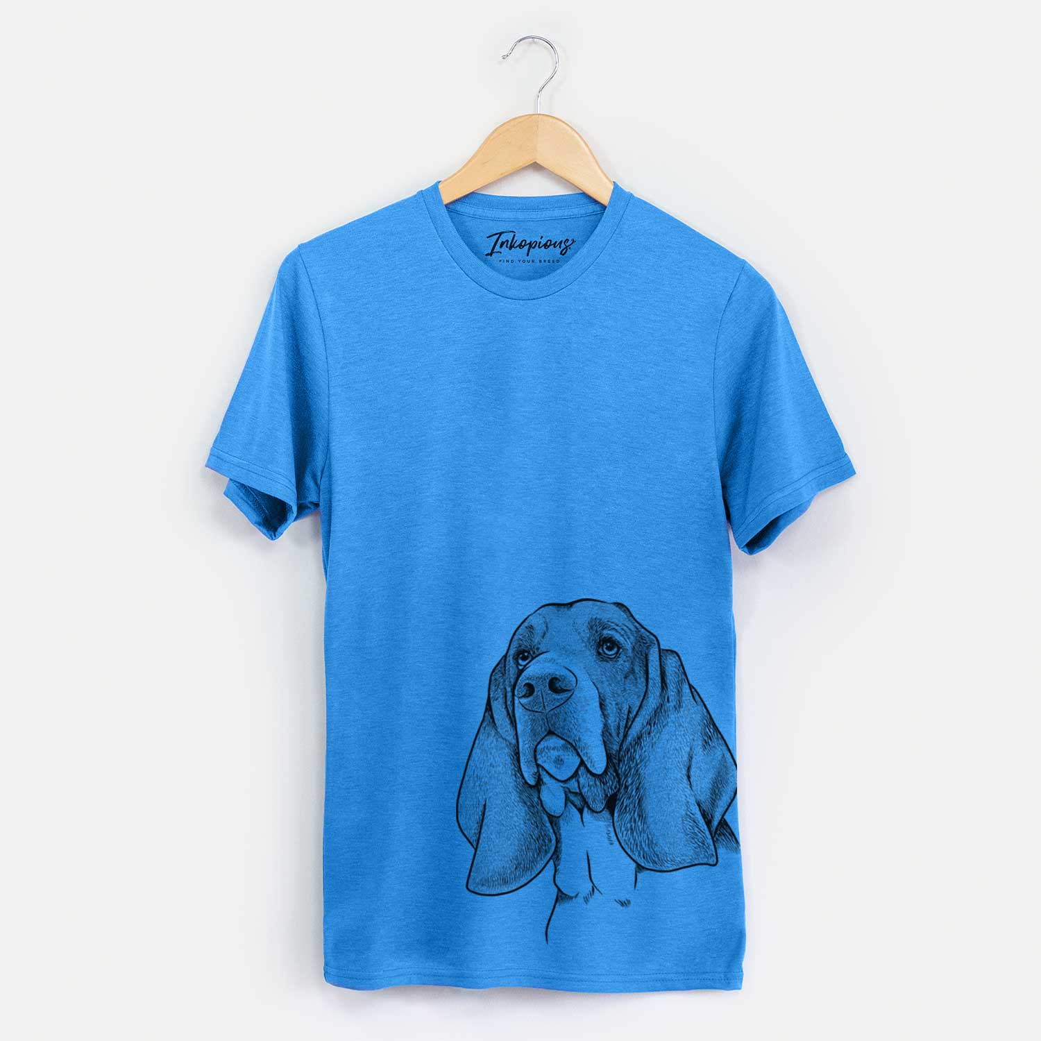 Hand-drawn sketch of Cooper the Basset Hound on a Blue Unisex crewneck