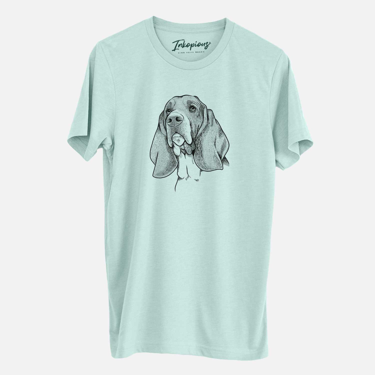 Hand-drawn sketch of Cooper the Basset Hound on a Heather Sage Unisex crewneck
