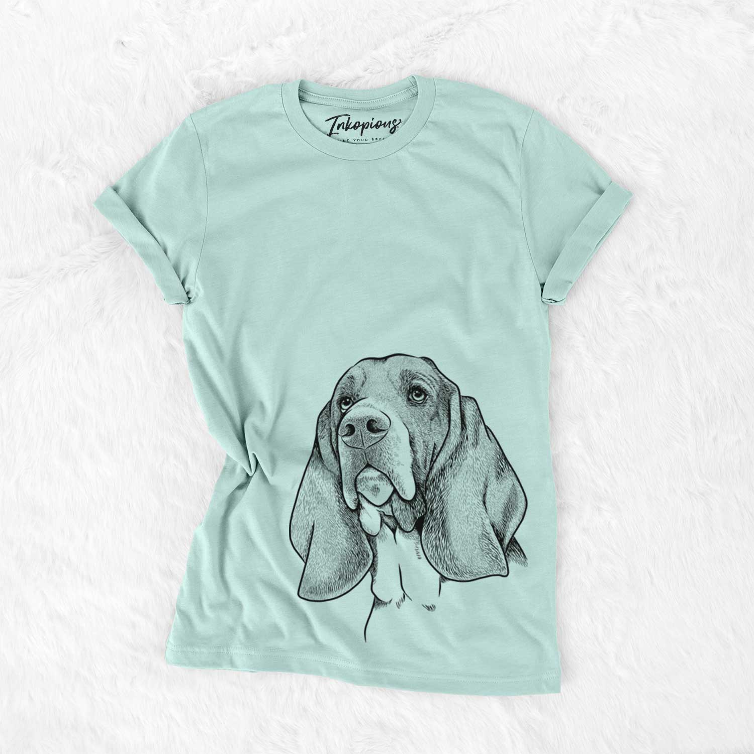 Hand-drawn sketch of Cooper the Basset Hound on a Heather Sage Bella Canvas Unisex Crewneck