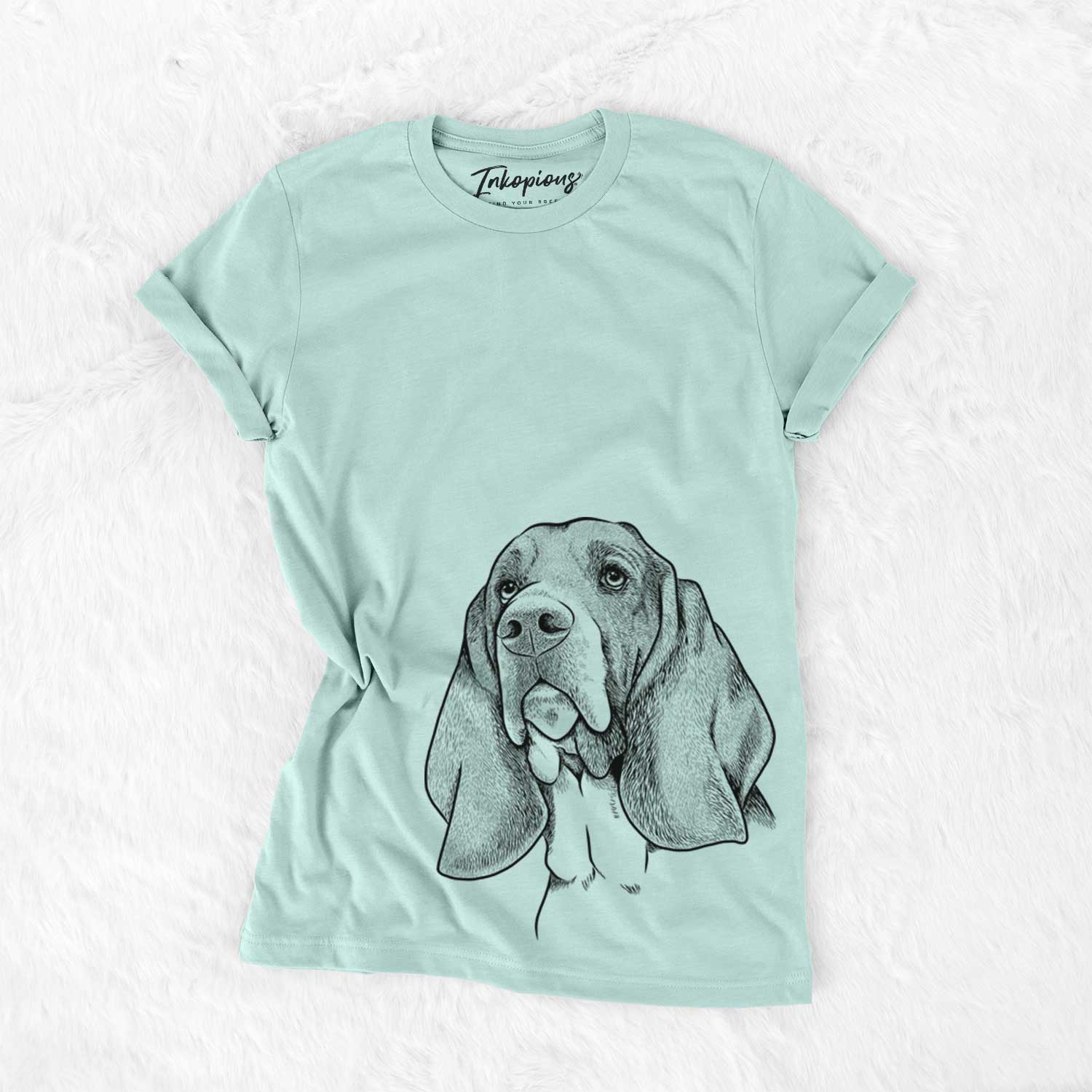 Hand-drawn sketch of Cooper the Basset Hound on a Heather Sage Unisex crewneck