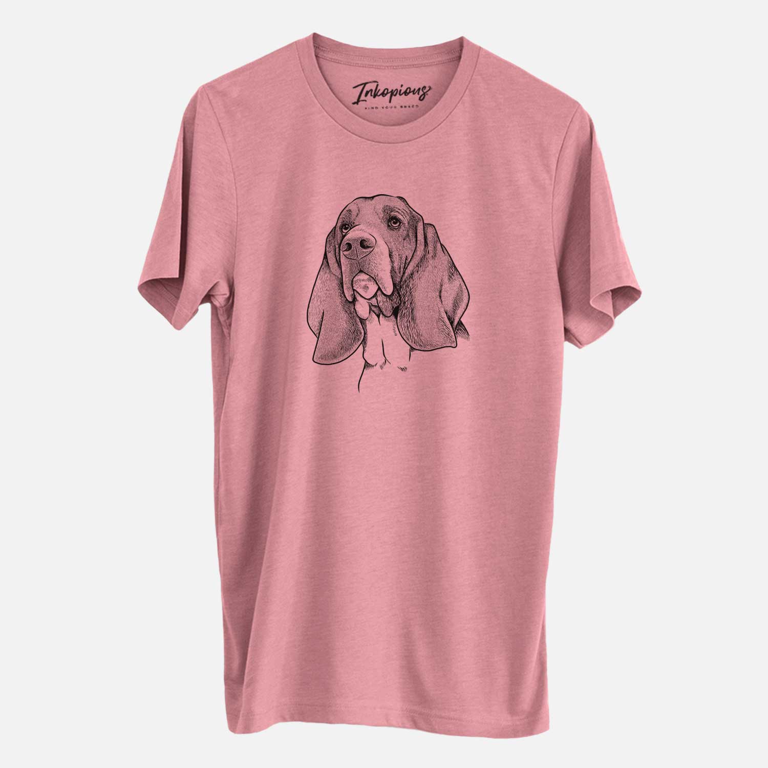 Hand-drawn sketch of Cooper the Basset Hound on a Mauve Unisex crewneck