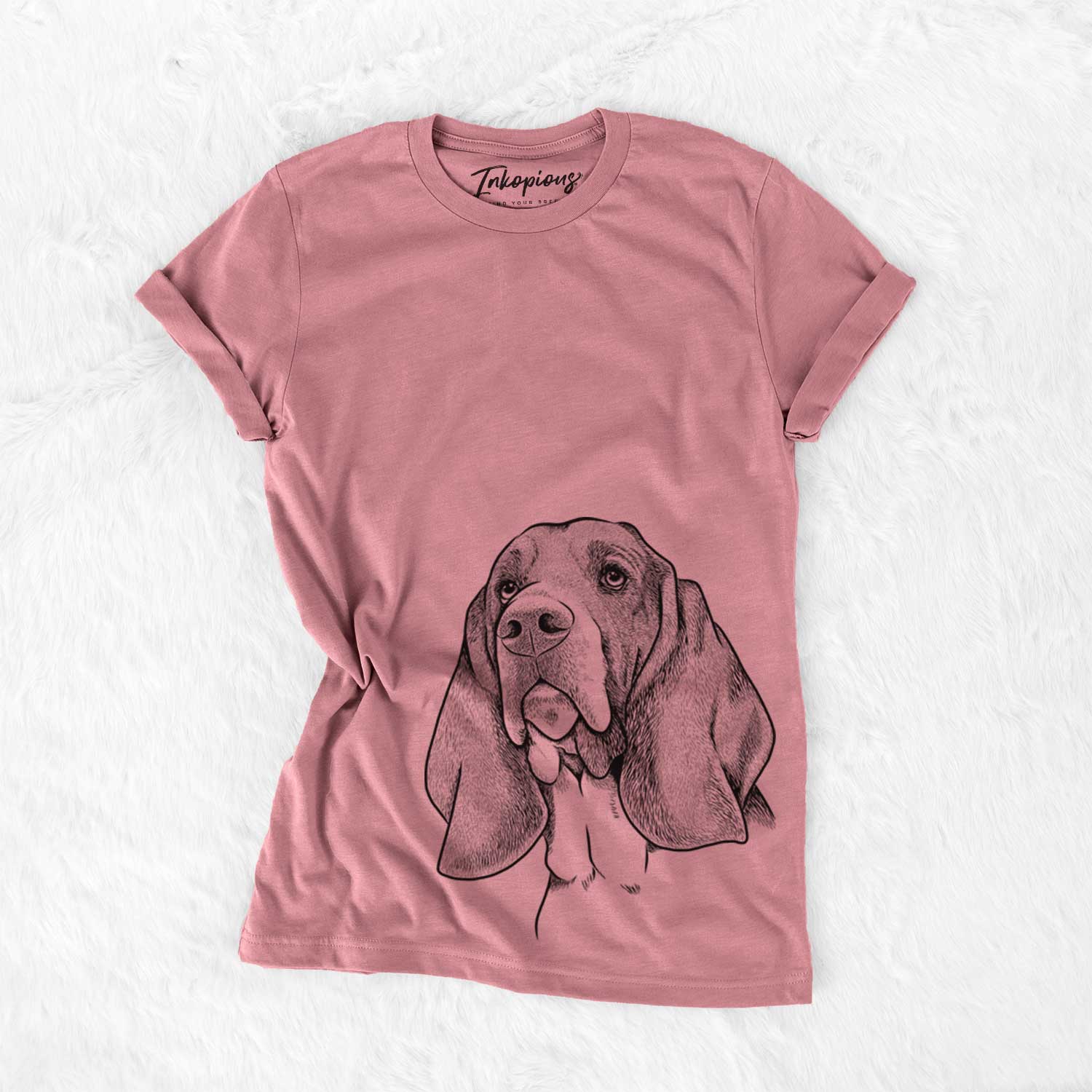 Hand-drawn sketch of Cooper the Basset Hound on a Mauve Unisex crewneck